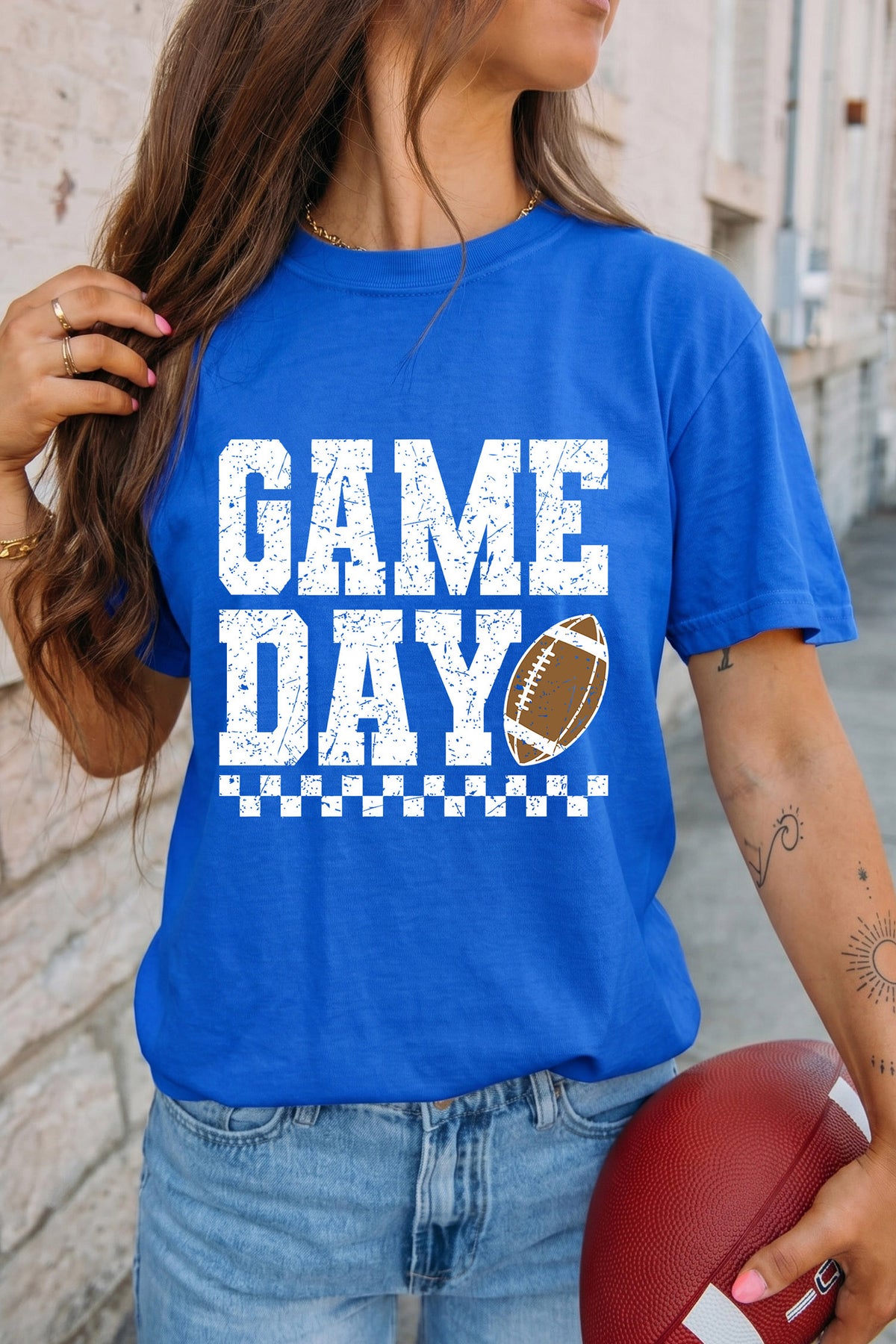 GAME DAY Checkered Print Rugby Graphic T-Shirt