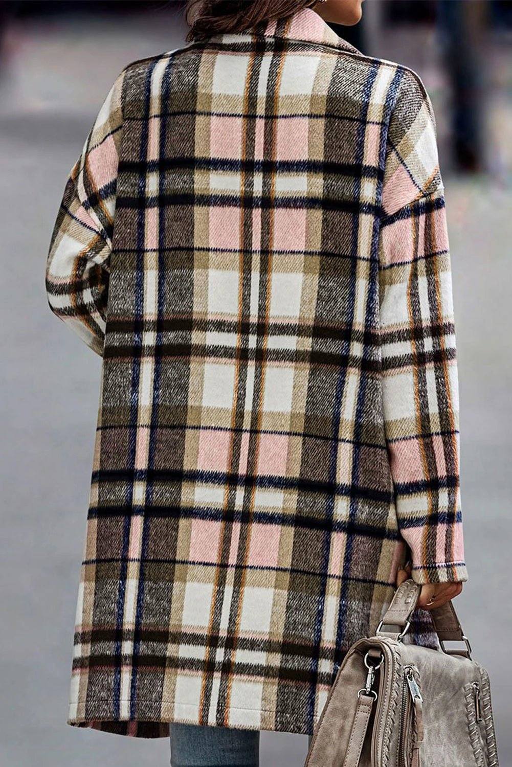 Cozy Mom Confidence plaid button-up lapel jacket with relaxed longline fit and soft texture