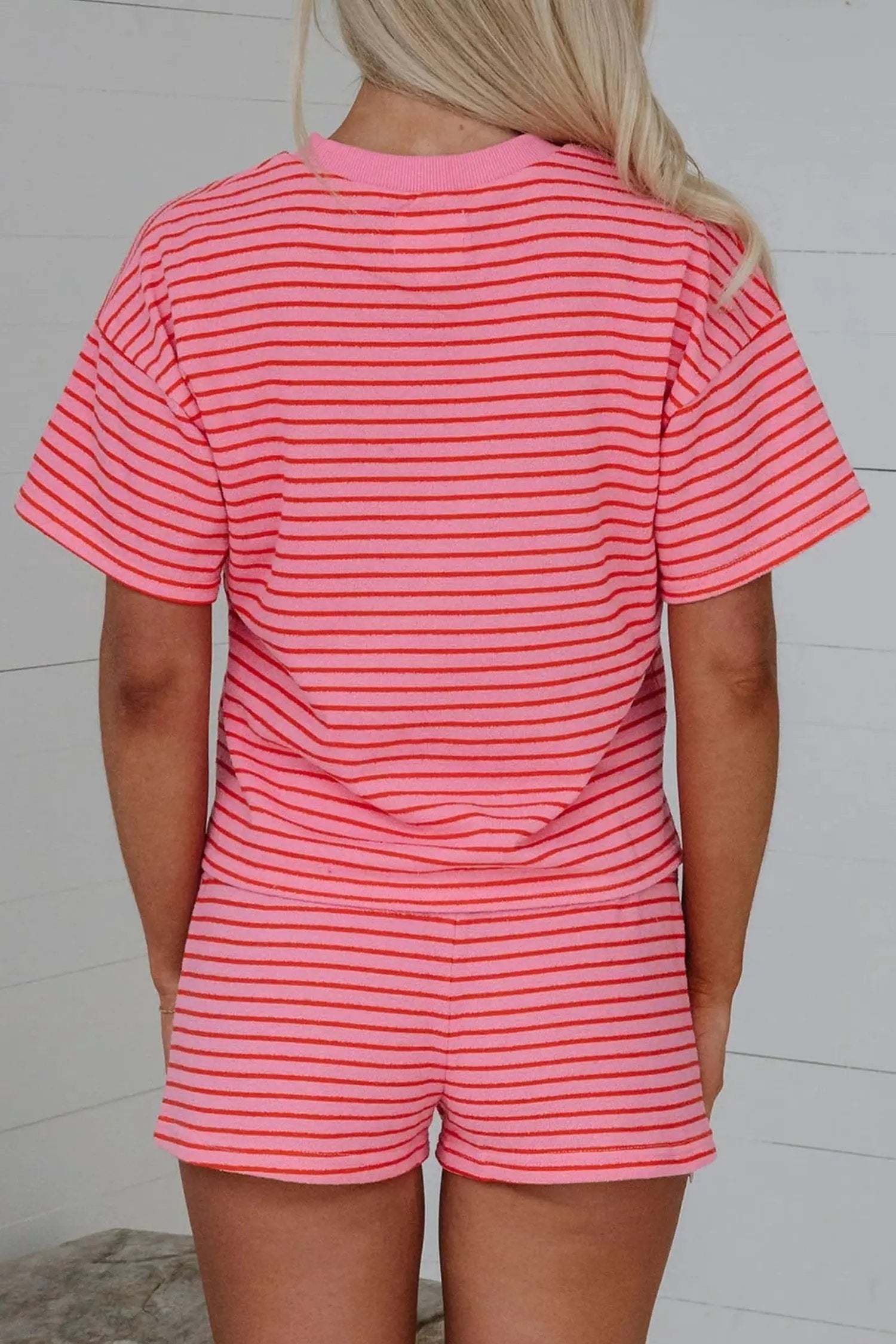 Stripe Knit Matching Set with tee, drawstring shorts, and side split detail