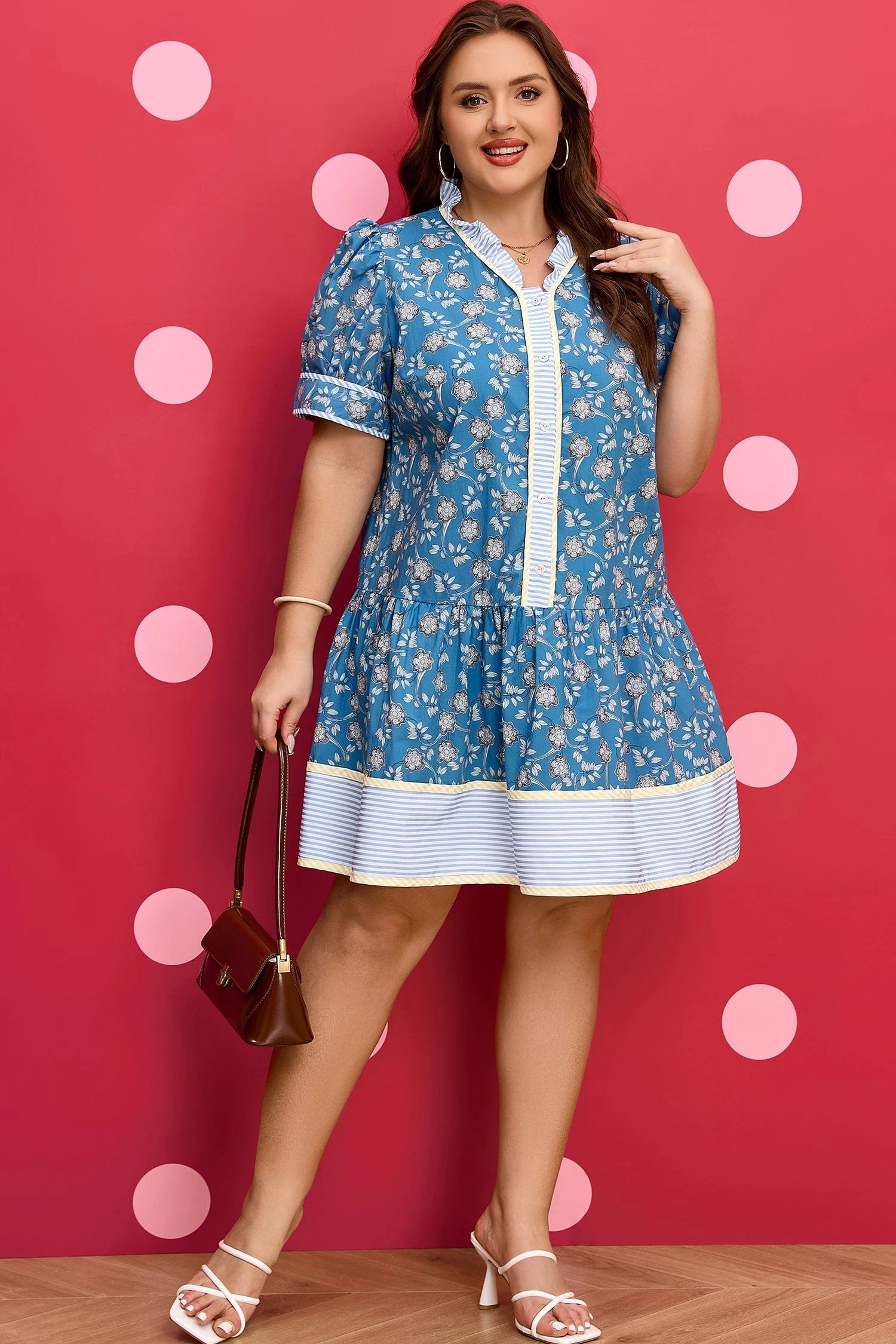 Dear-Lover Dropshipping Blue Plus Size Floral Print Striped Patchwork Detail Button Front Ruffle Hem Dress - Plus Size/Plus Size Dresses/Plus Size Mini Dresses