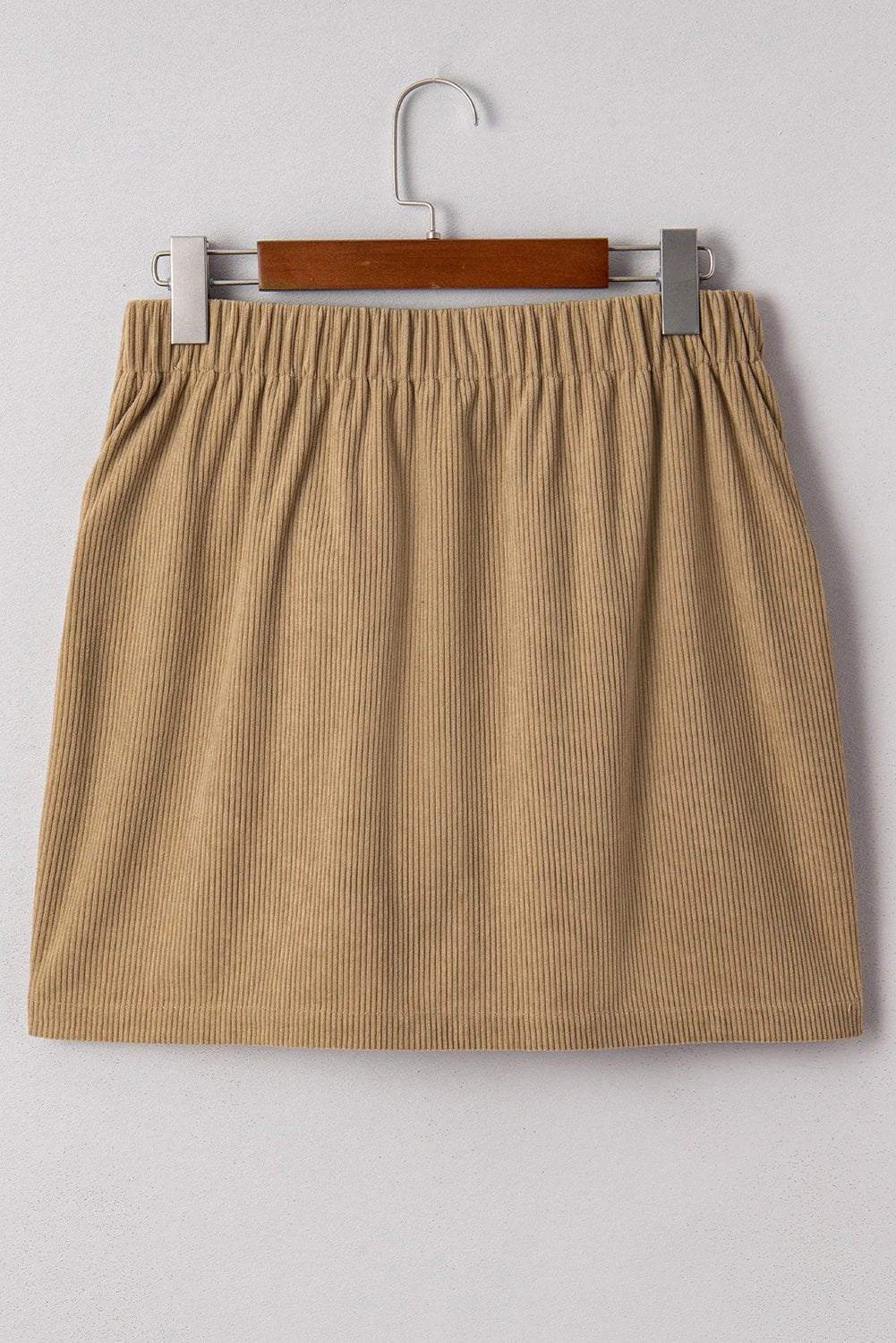 camel corduroy buttoned front faux pockets mini skirt for women casual everyday outfit