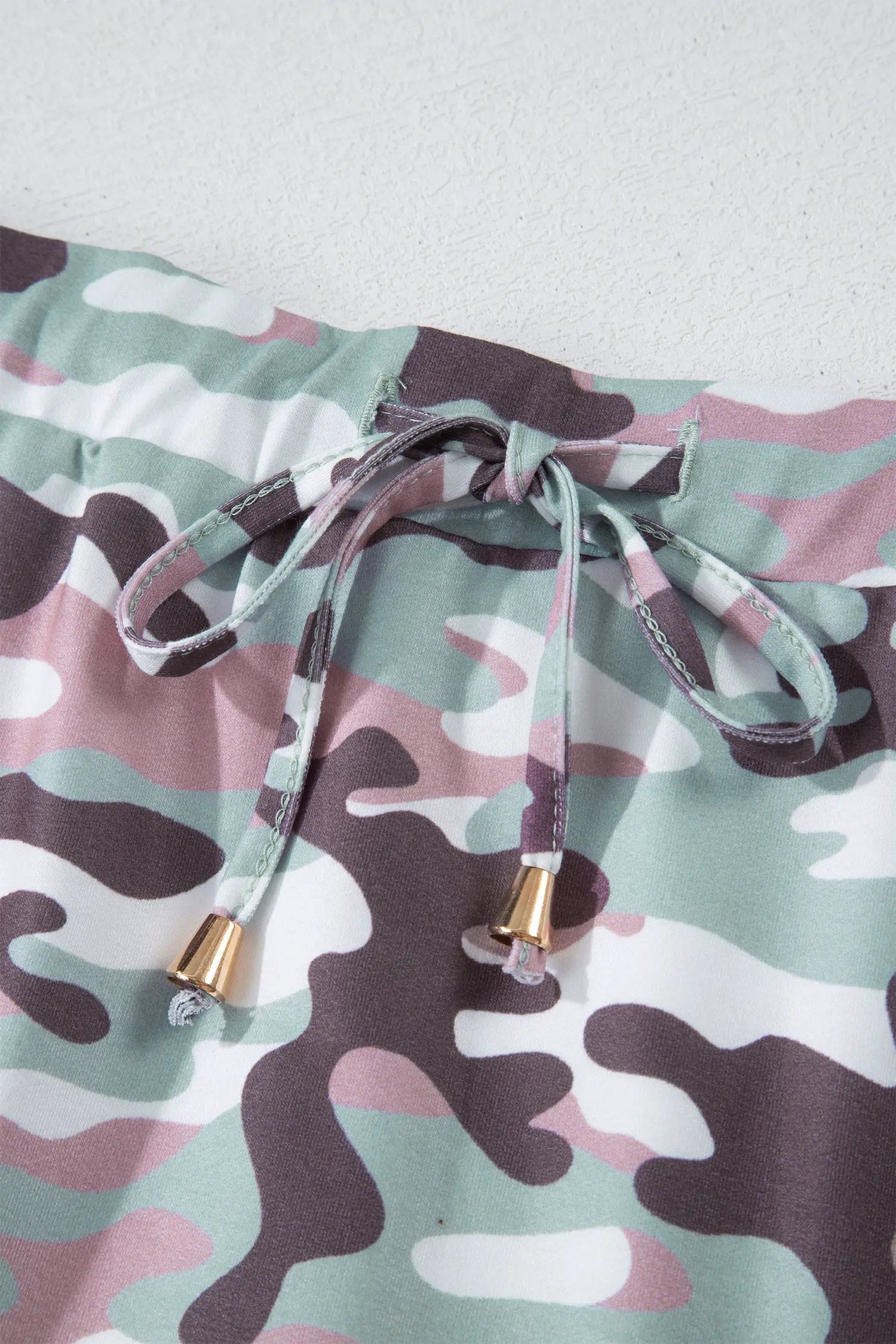 green camouflage print drawstring mini skort with elastic waist