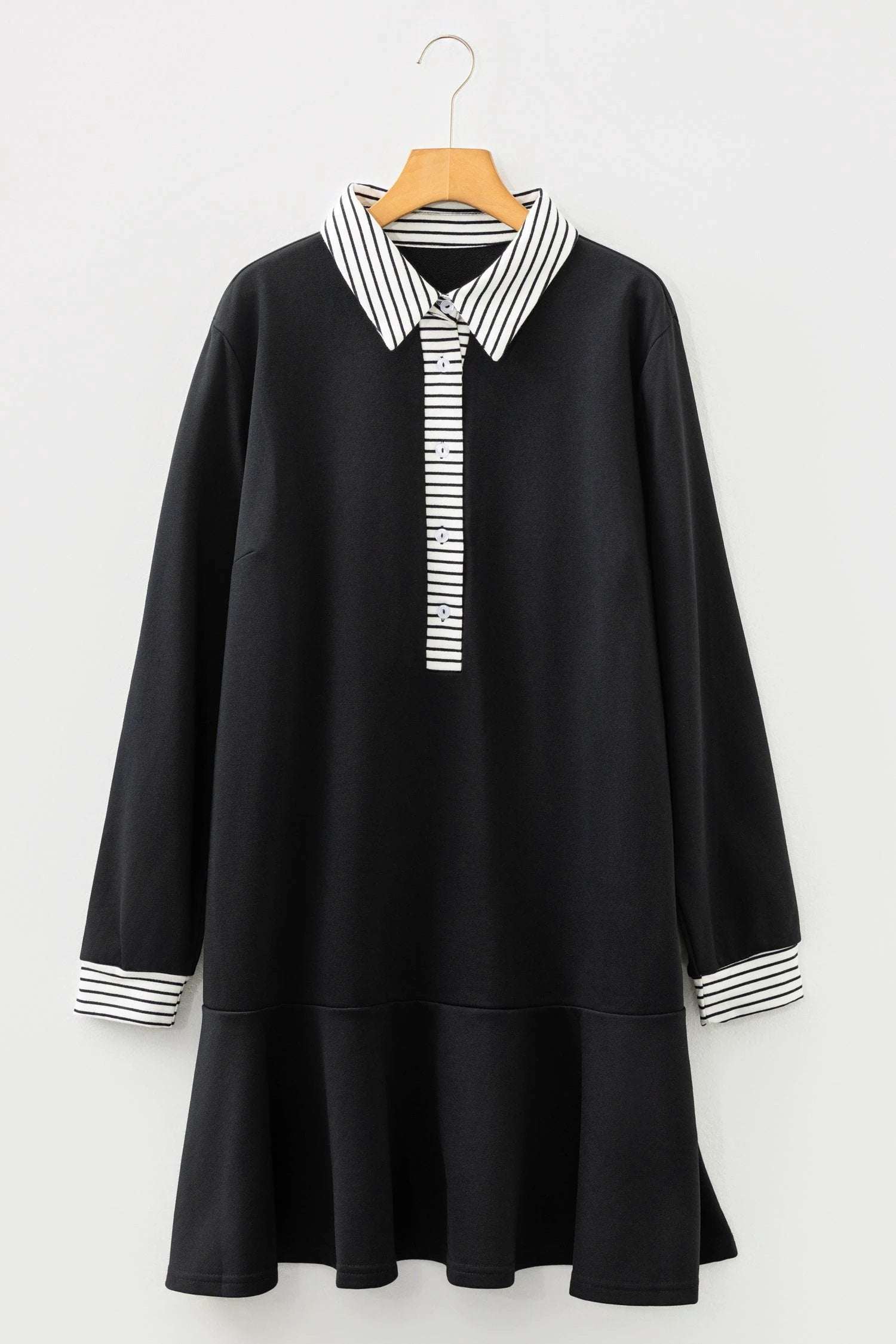 Dear-Lover Dropshipping Black Plus Size Striped Cuffs Polo Collar Patchwork Long Sleeve Ruffle Hem Dress - Plus Size/Plus Size Dresses/Plus Size Mini Dresses