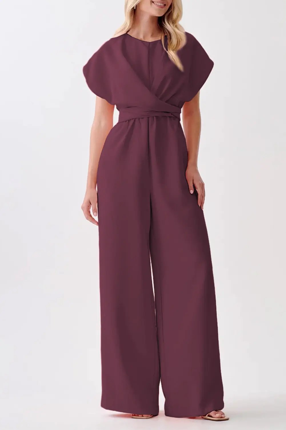 burgundy solid color cap sleeve knot waist shift jumpsuit for women casual everyday outfit