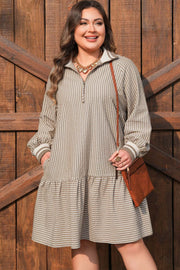 Plus size stripe puff sleeve mini dress with zip-front collar and ruffled hem showcasing main character energy style