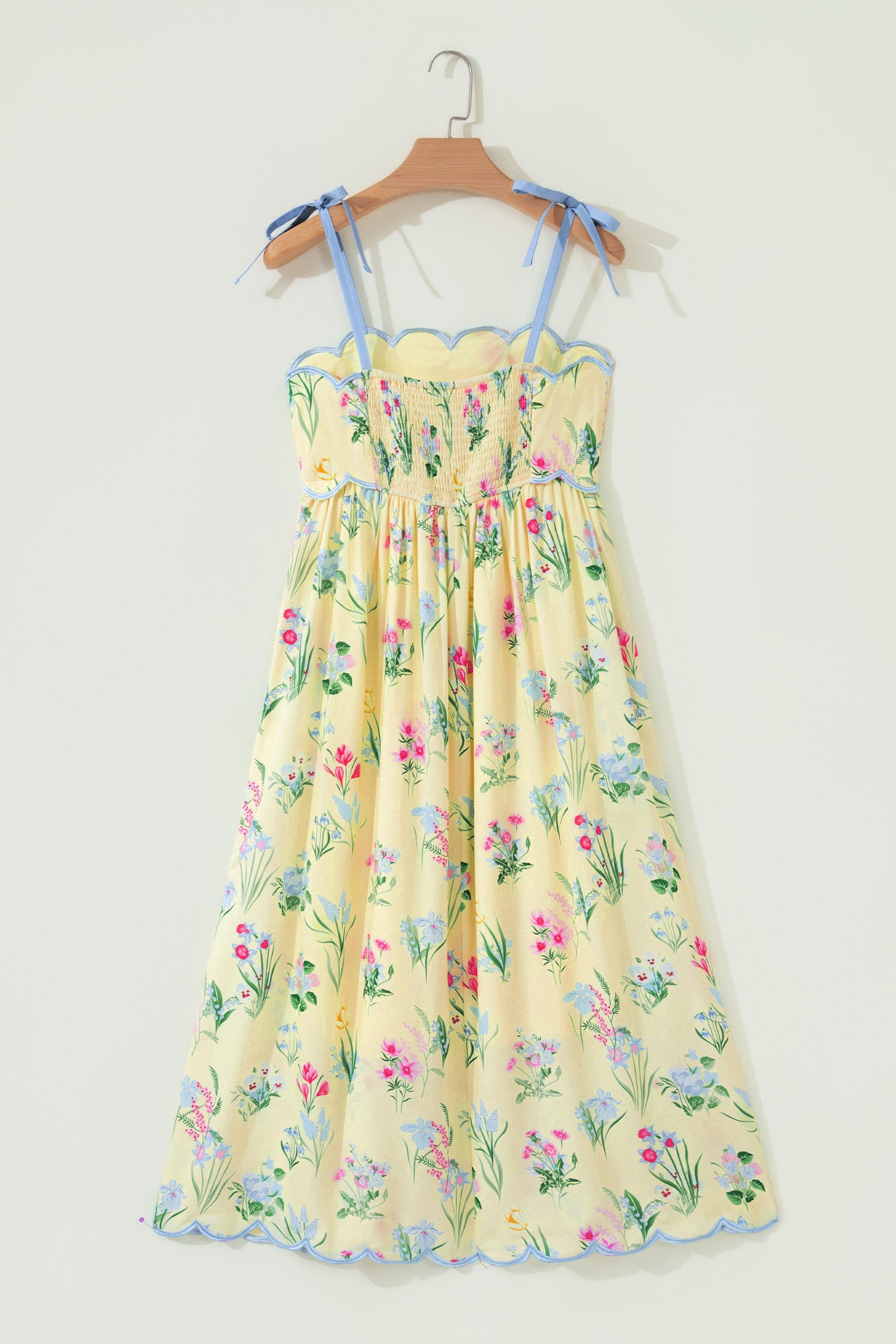 Floral Print Contrast Trim Self-tie Straps High-Waisted Midi Dress — everyday dress for women | J&H Apparel