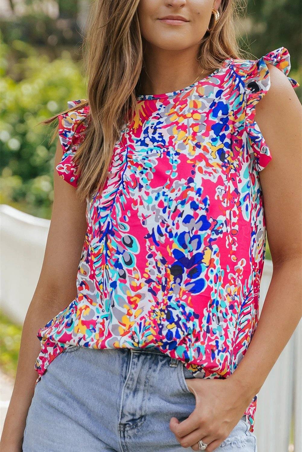 Southern Chic floral print tank top with ruffles and flutter sleeves