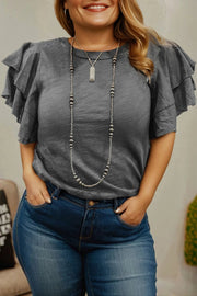 Plus size dark grey double-ruffled short sleeve top with relaxed fit