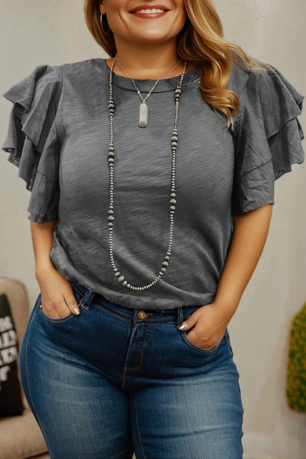 Plus size dark grey double-ruffled short sleeve top with relaxed fit