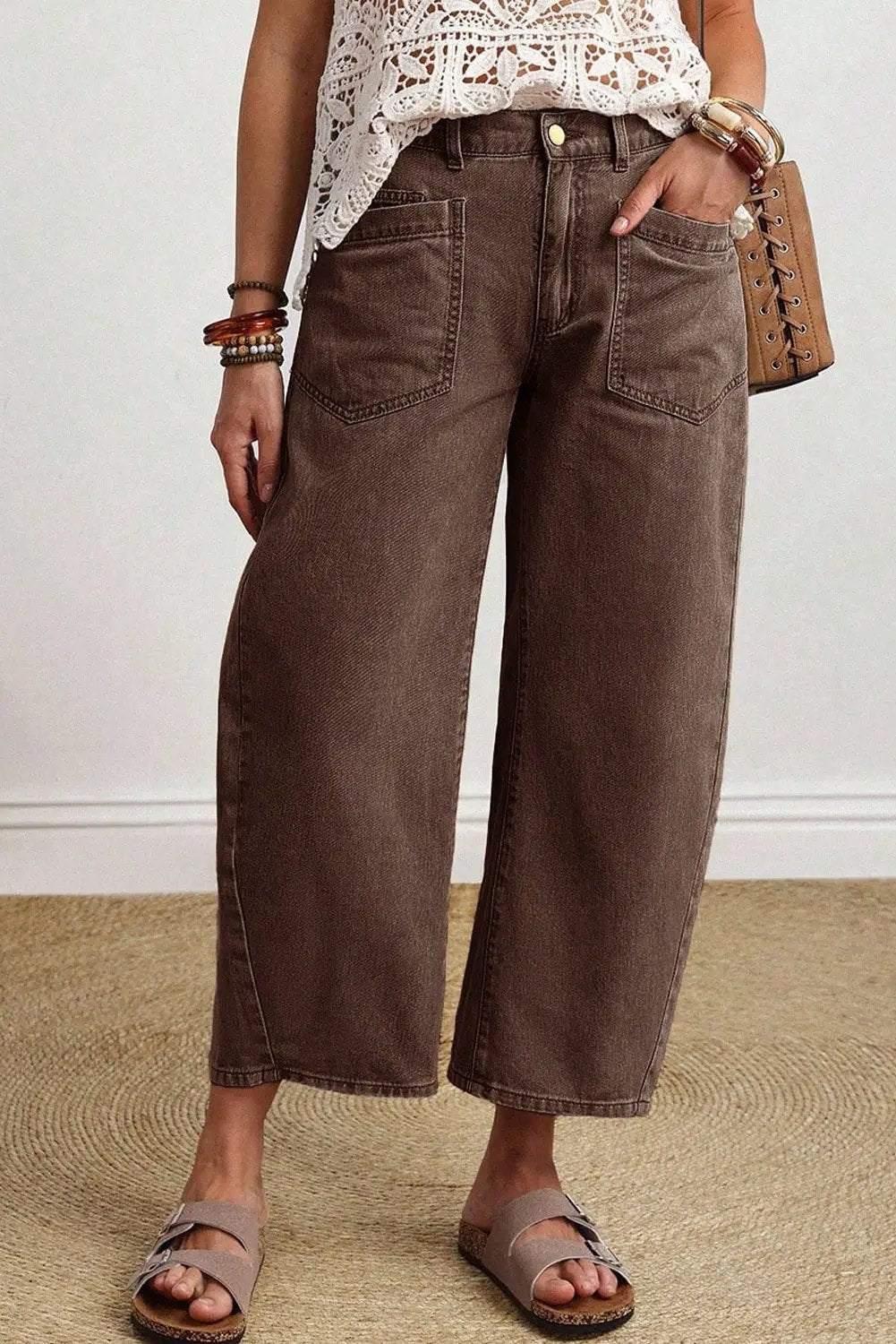 Barrel Jeans coffee brown ankle-length denim with square patch pockets