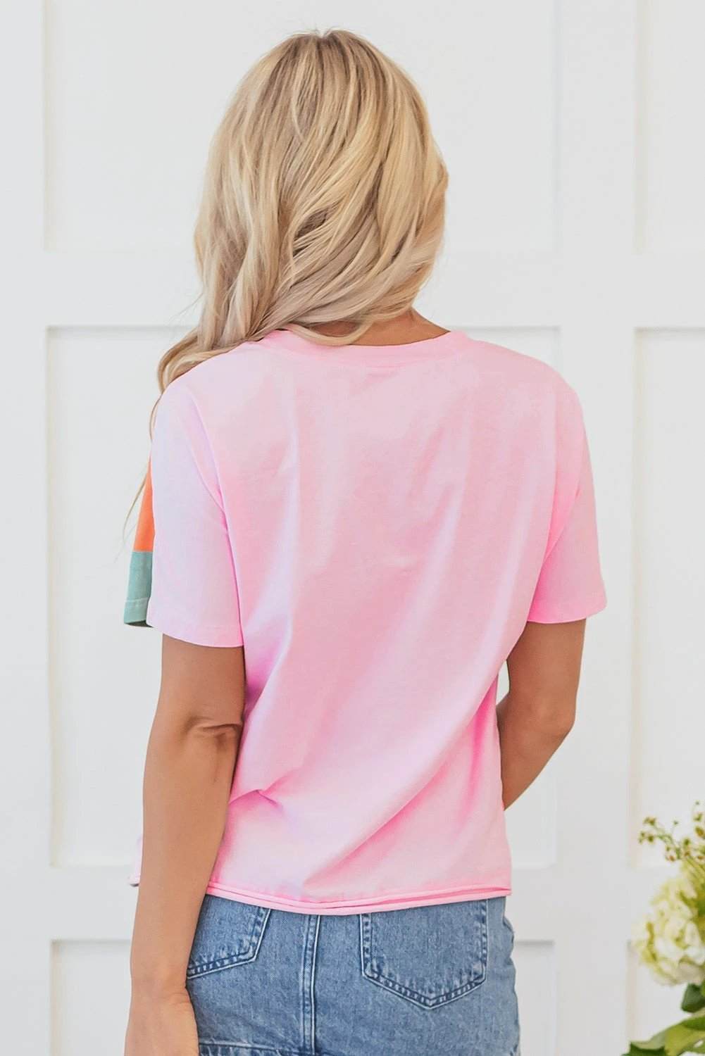 pink Colorblock patchwork seamed crewneck t shirt for women casual everyday outfit