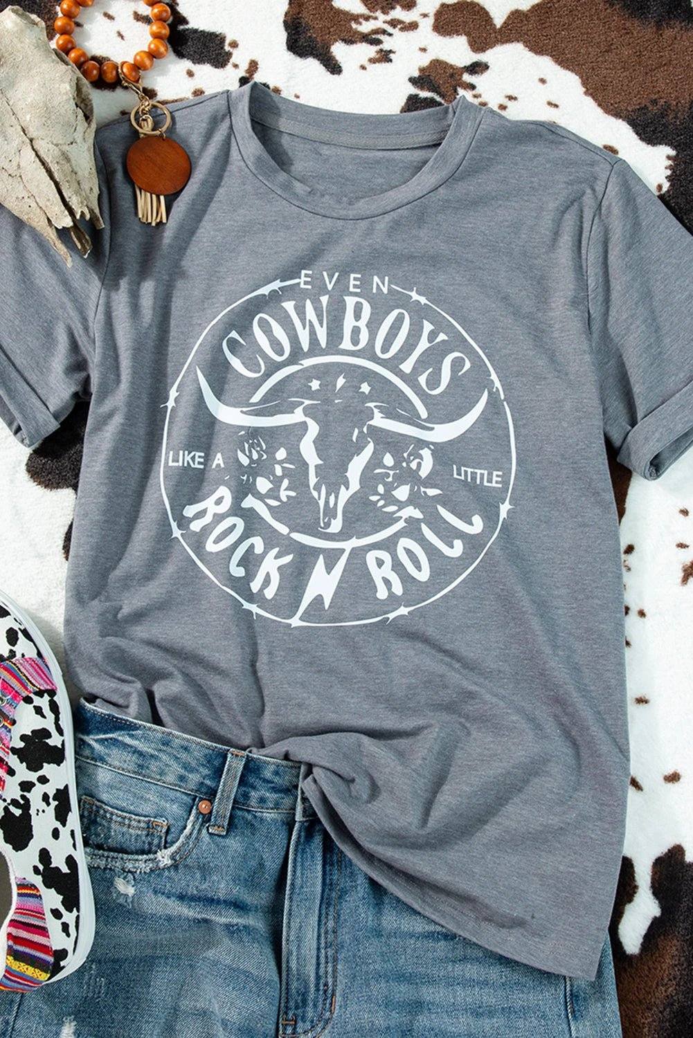 gray western letter steer head graphic tee for women casual everyday outfit