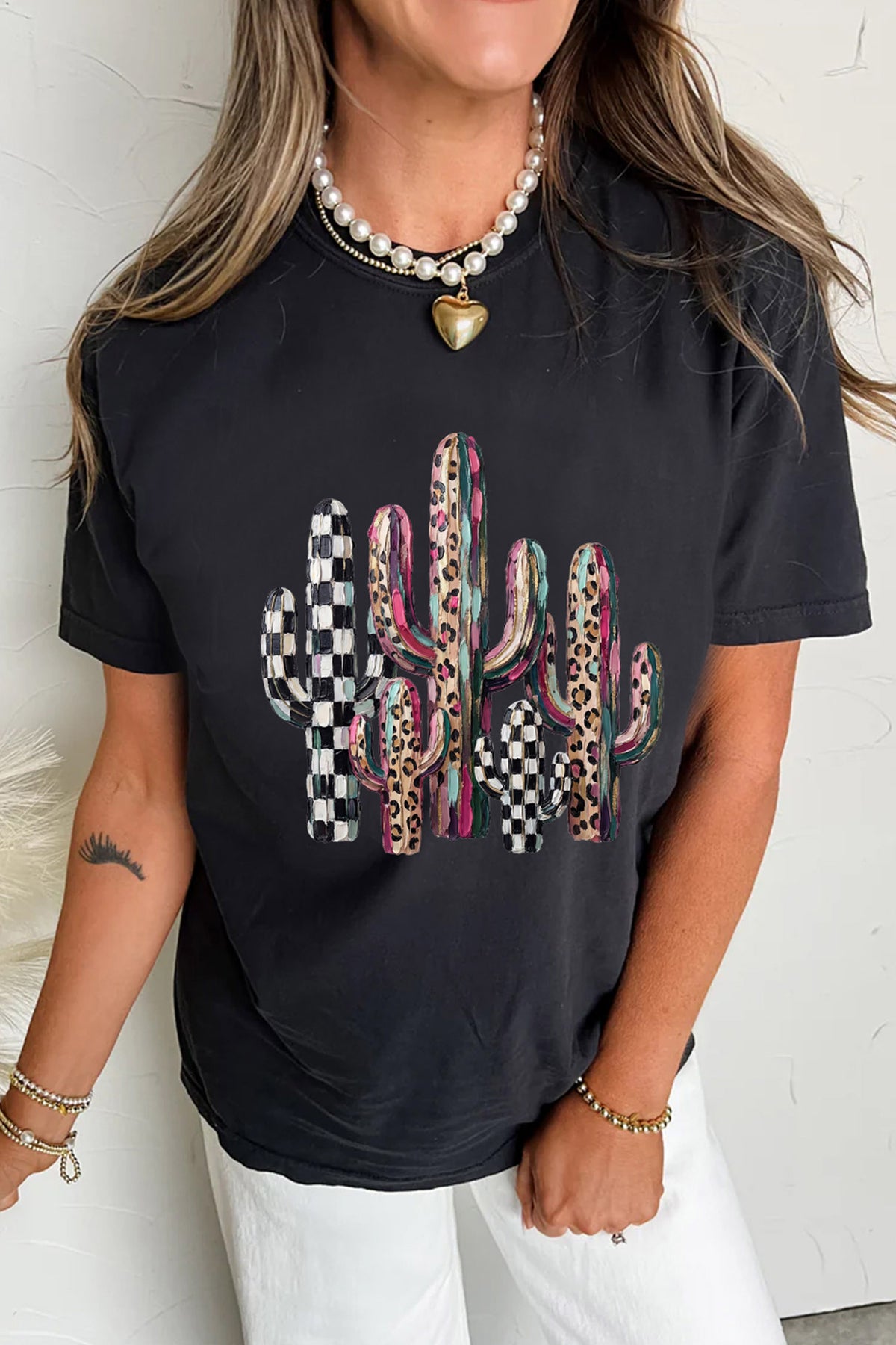 Mixed Pattern Cactus Graphic Print Relaxed T-Shirt