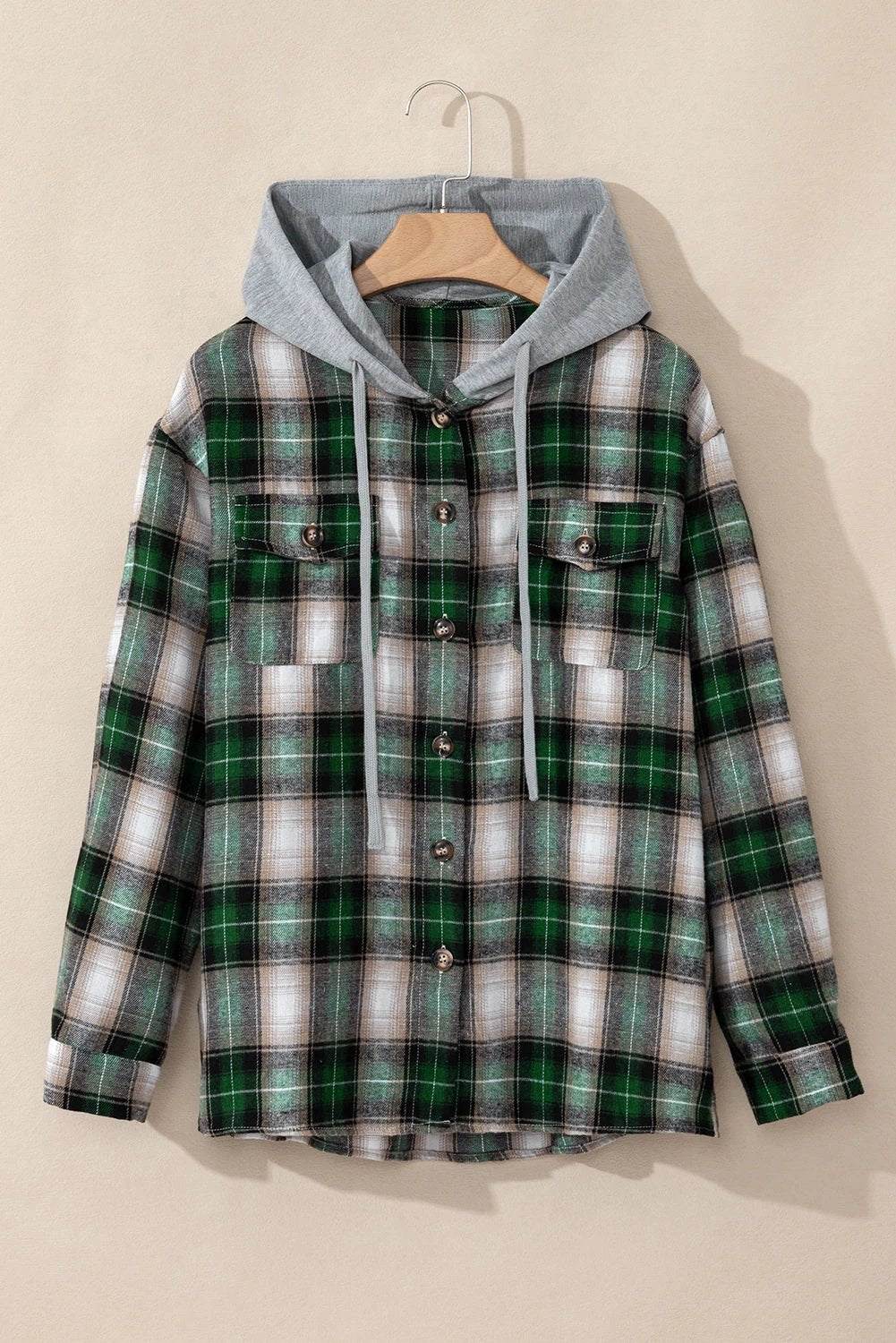red plaid print chest pocket buttoned hooded shacket for women casual everyday outfit