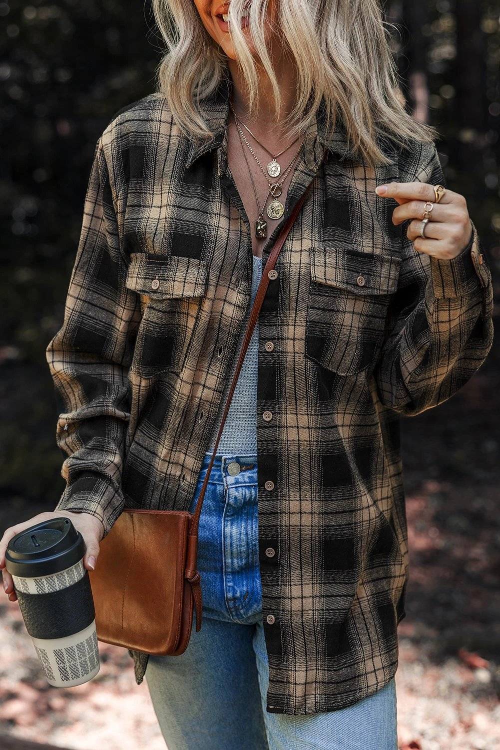 Retro plaid shacket with double flap pockets and brushed fabric for cozy warmth