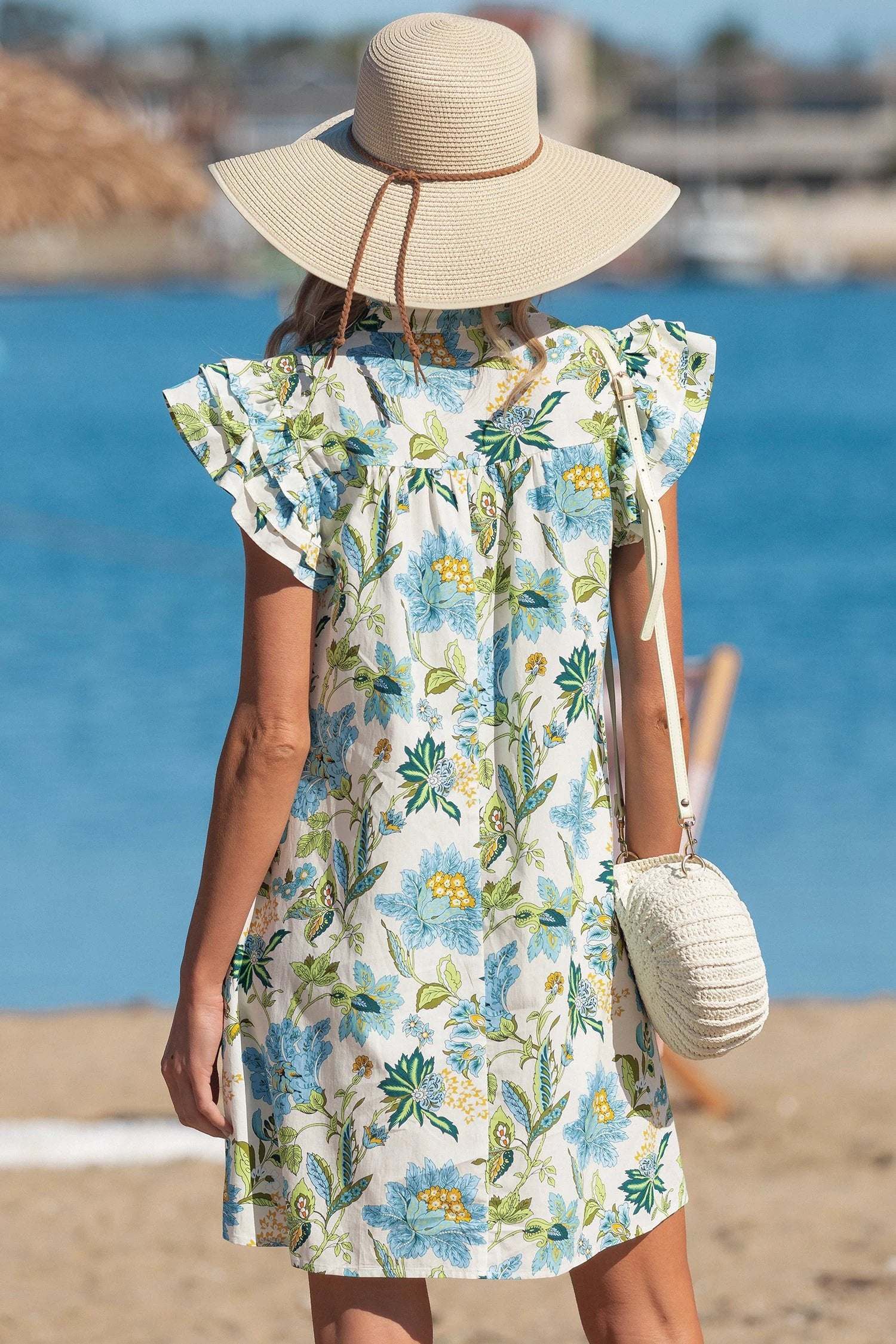 beige floral print v neck triple ruffle short sleeve shift mini dress for women casual everyday outfit