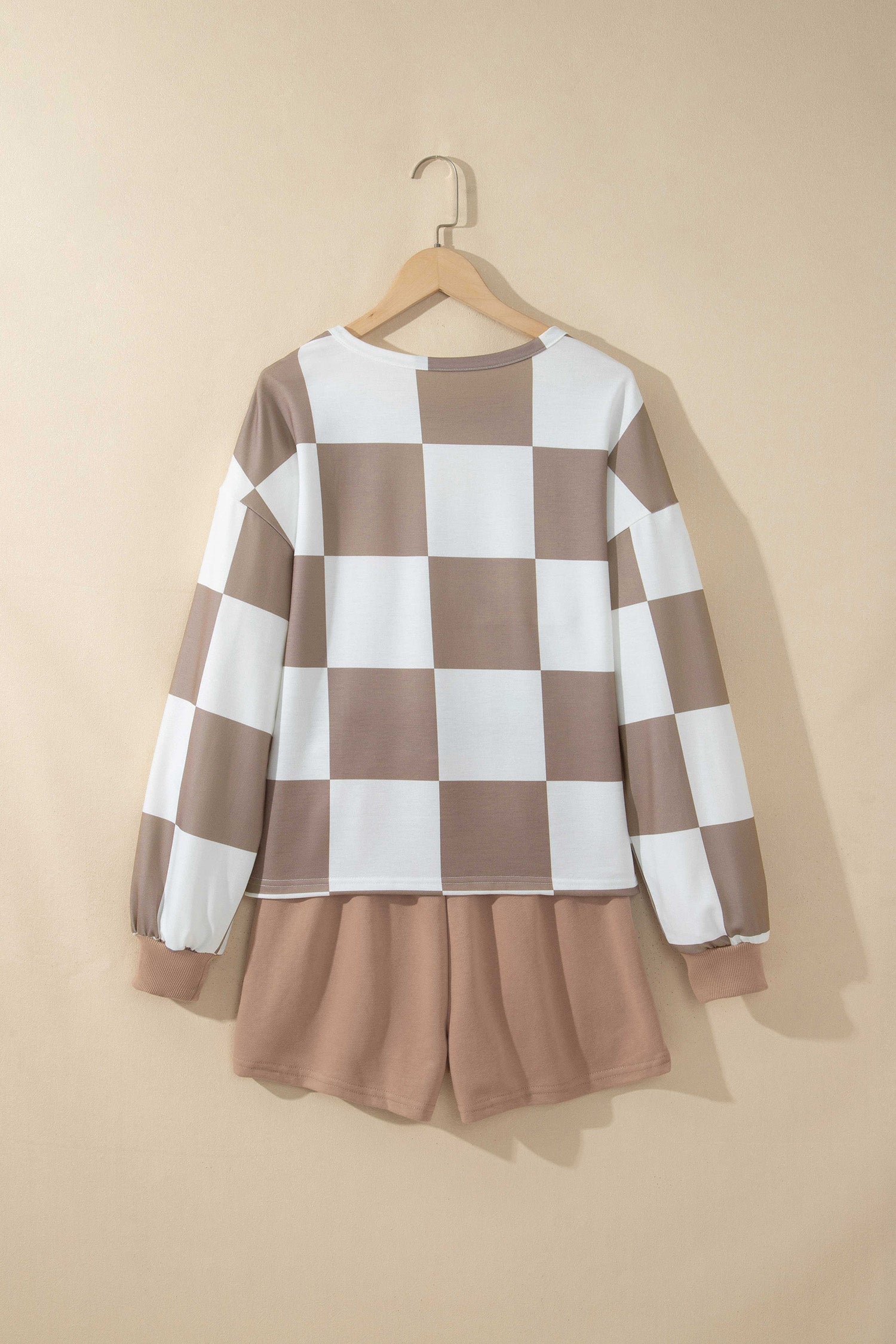 Checkerboard Plaid Long Sleeve Solid Color Shorts Two-Piece Set