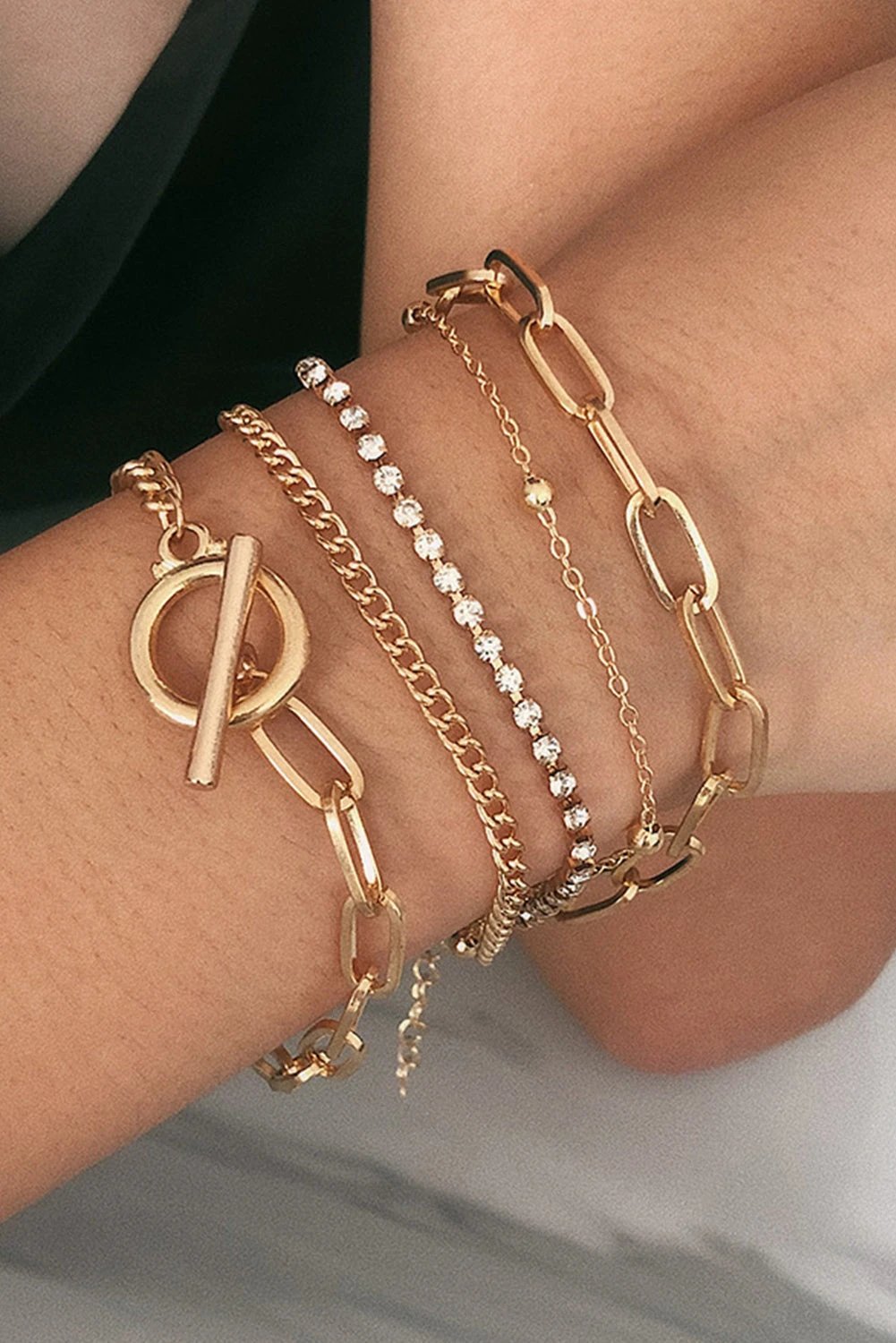 gold multi layered rhinestone plated chain bracelet set for women casual everyday outfit