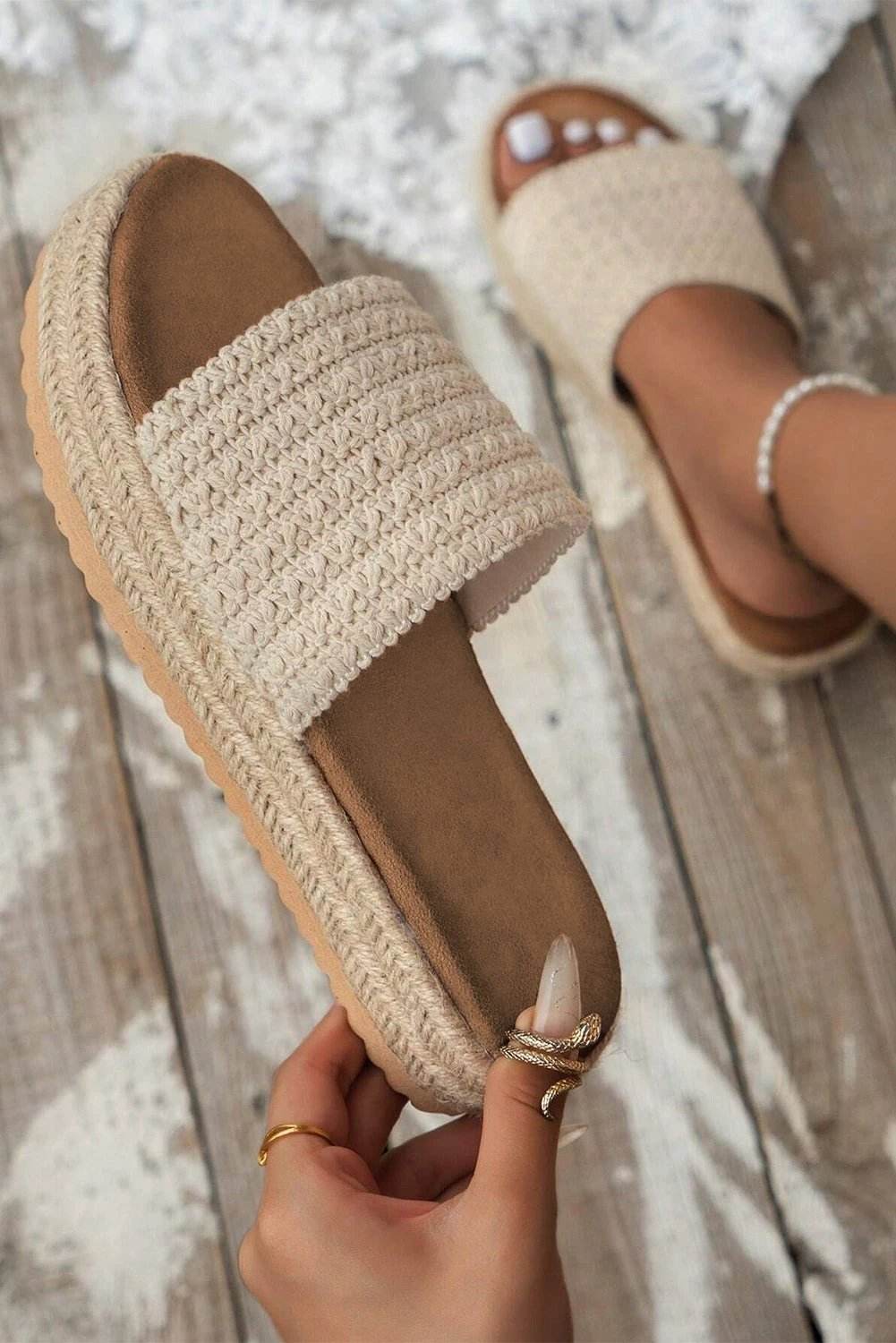 White boho woven non-slip wedge sandals with textured straps and lightweight design