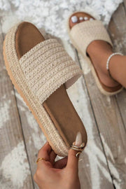 White boho woven non-slip wedge sandals with textured straps and lightweight design