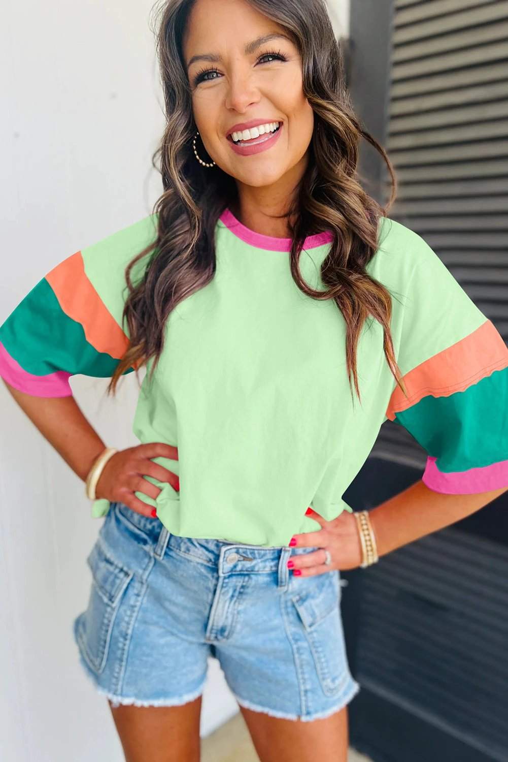 Pink Colorblock stitching sleeve round neck oversize top for women casual everyday outfit