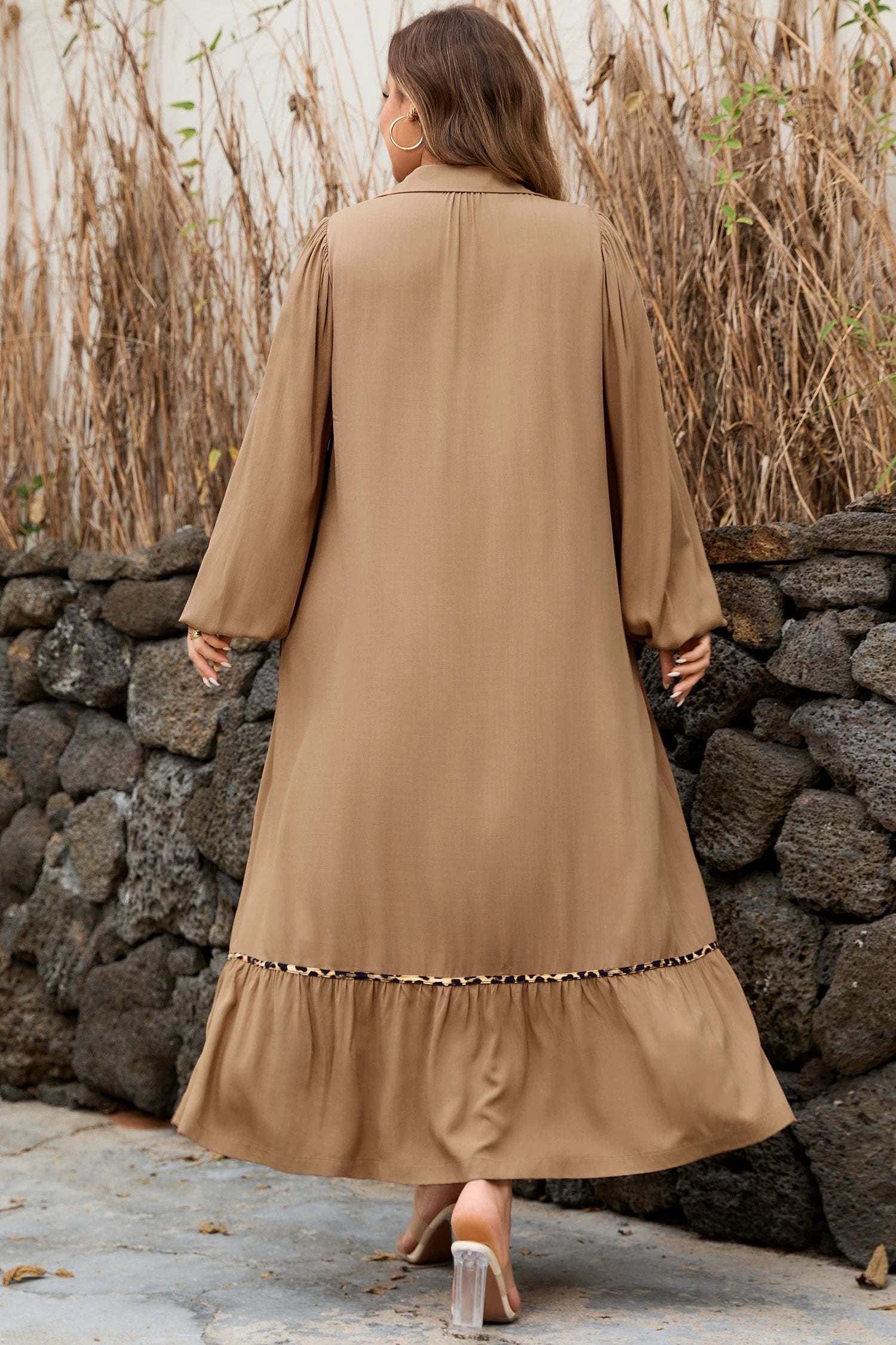 Plus size Southern Charm smocked V-neck dress with leopard piping and balloon sleeves