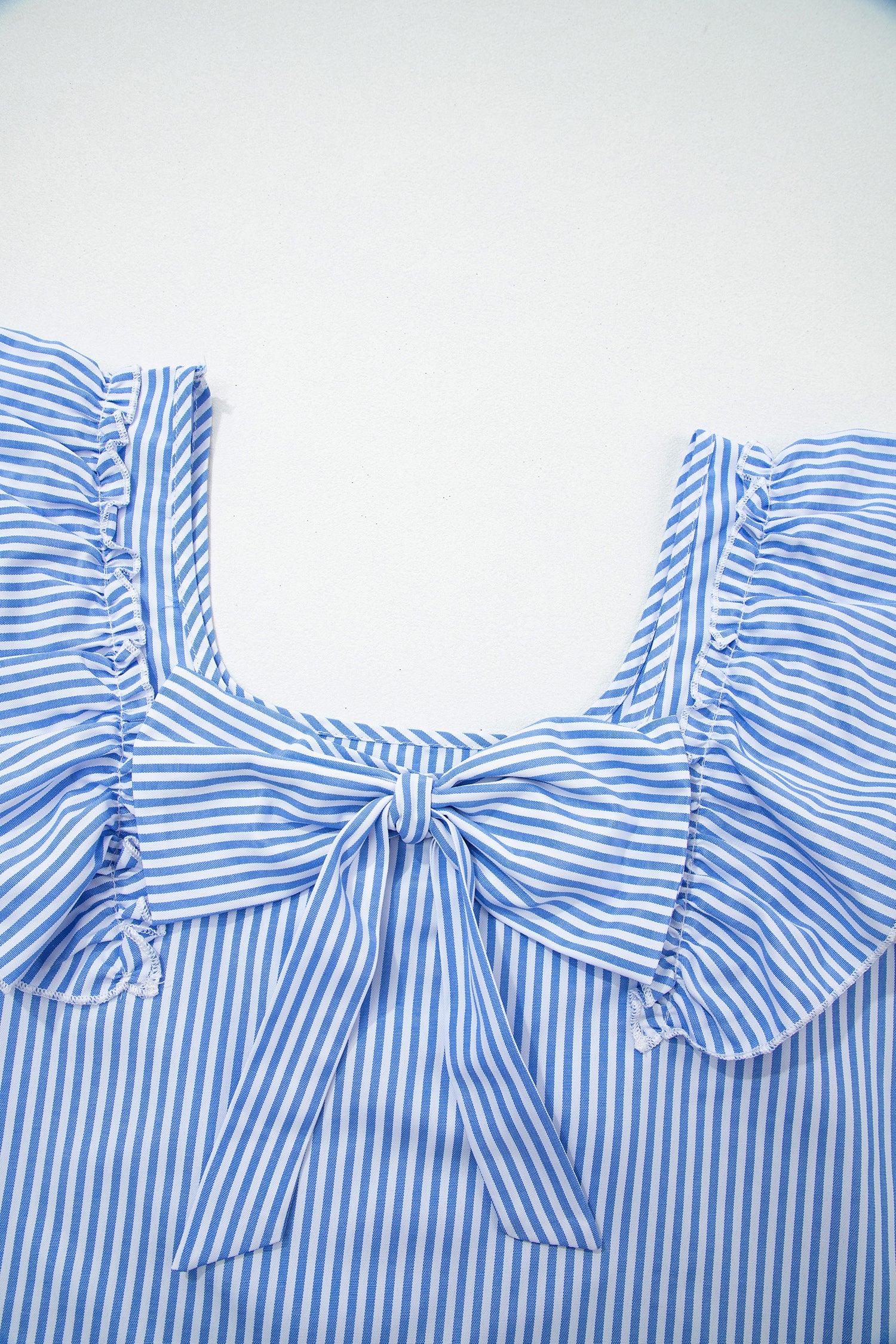 Stripe Square Neck Bow Decor Frilly Ruffled Short Sleeve Blouse