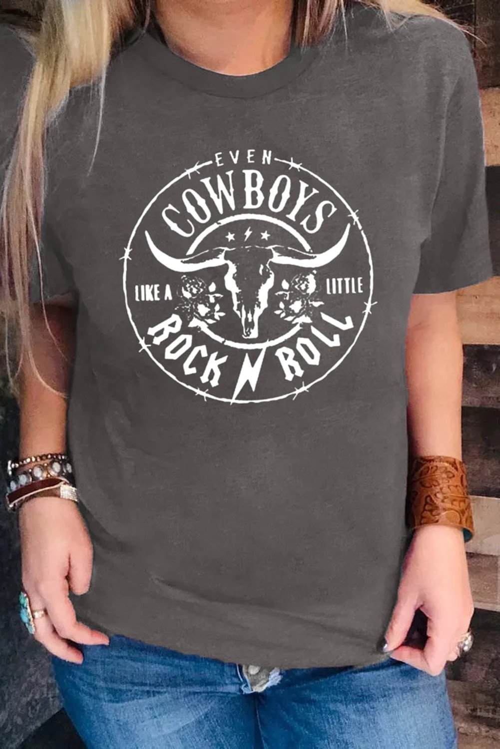 gray western letter steer head graphic tee for women casual everyday outfit