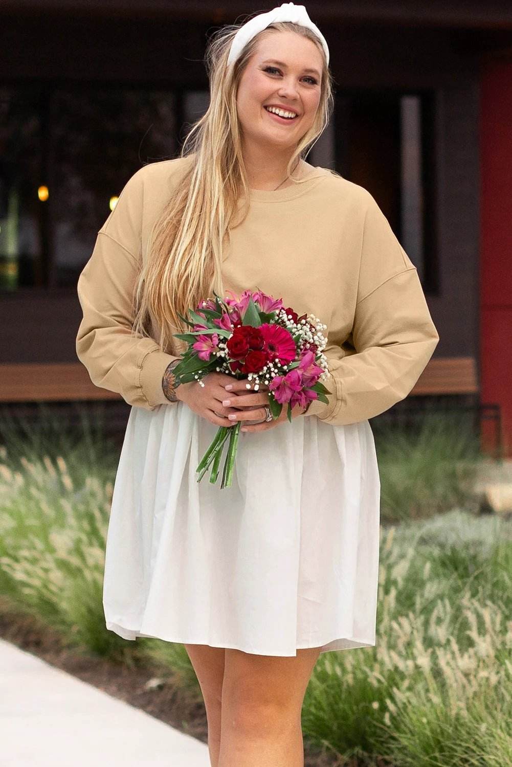 Weekend Pretty plus size colorblock patchwork ruffled mini dress on model