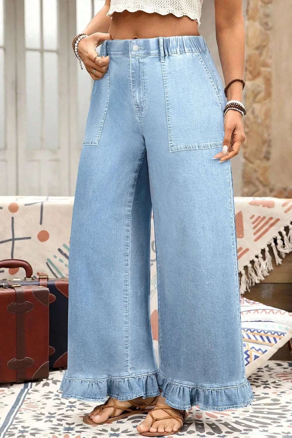 Plus Size Wide Leg Denim Pants with elastic waist and ruffled detail