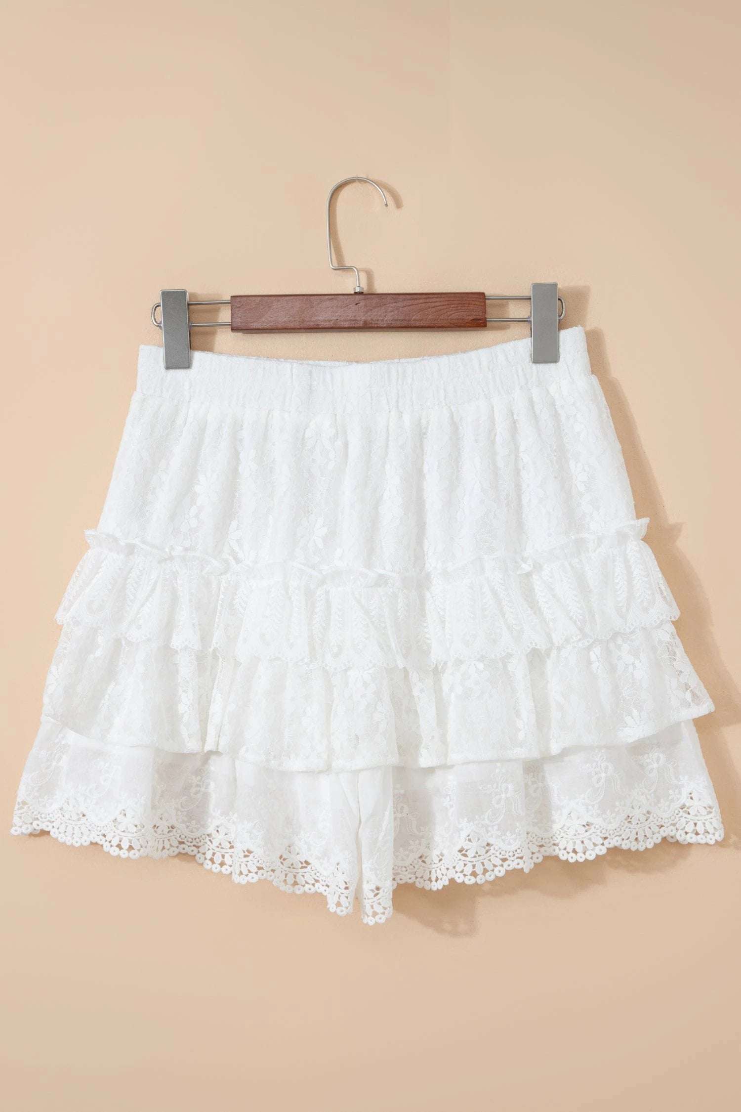 white lace ruffle tiered drawstring elastic waist sweet shorts for women casual everyday outfit