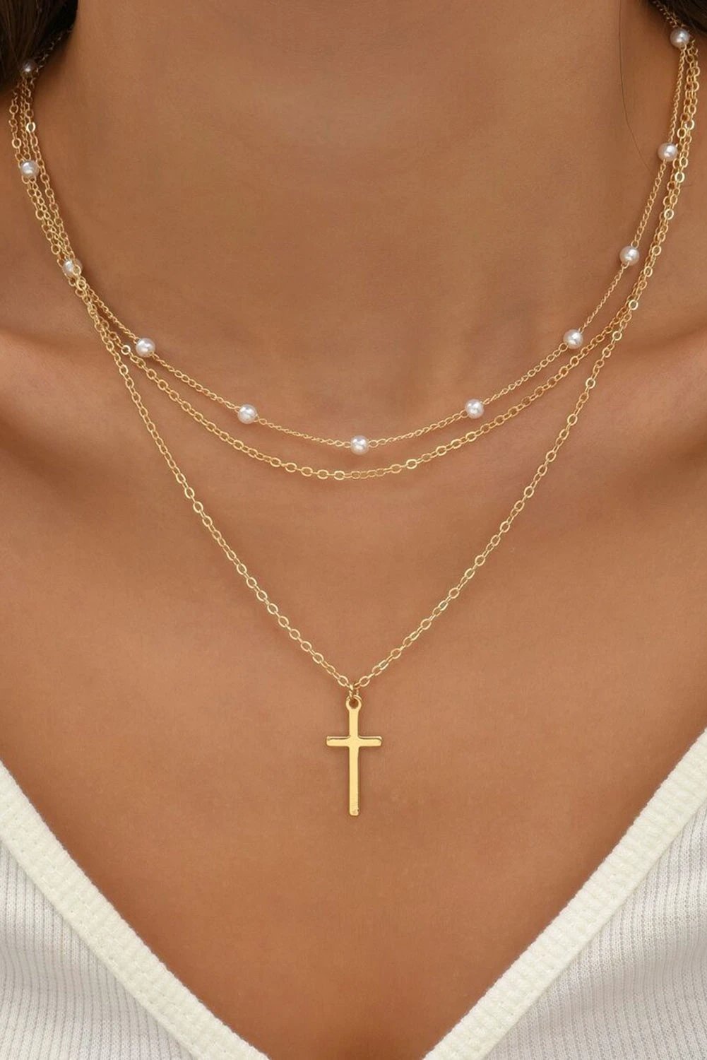 gold plated cross pendant pearl decor triple layer chain necklace for women casual everyday outfit