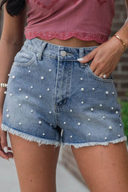 Pearl Beaded Raw Hem Medium Wash Denim Shorts — women's everyday bottoms | J&H Apparel