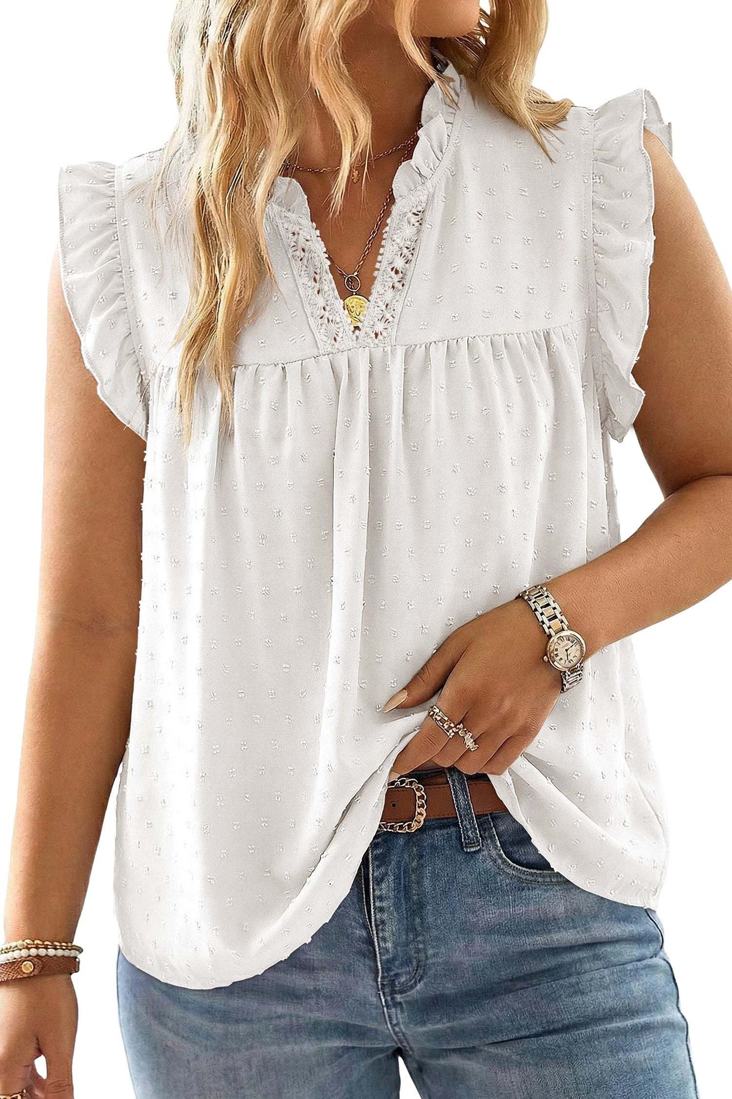 black plus size swiss dot ruffle lace trim v neck tank top for women casual everyday outfit