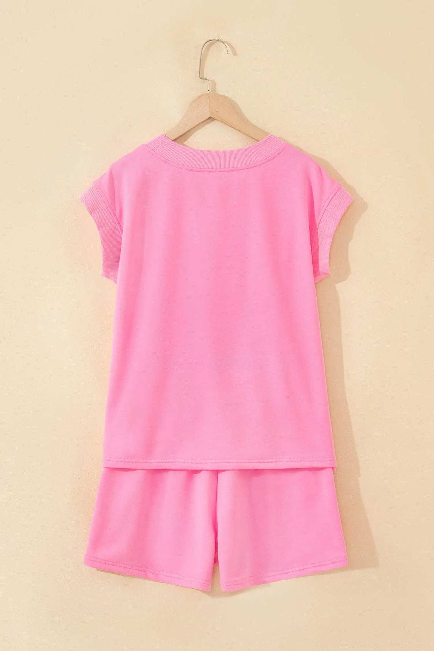 Pink Mom Chic V-neck short sleeve top and drawstring shorts 2-piece set