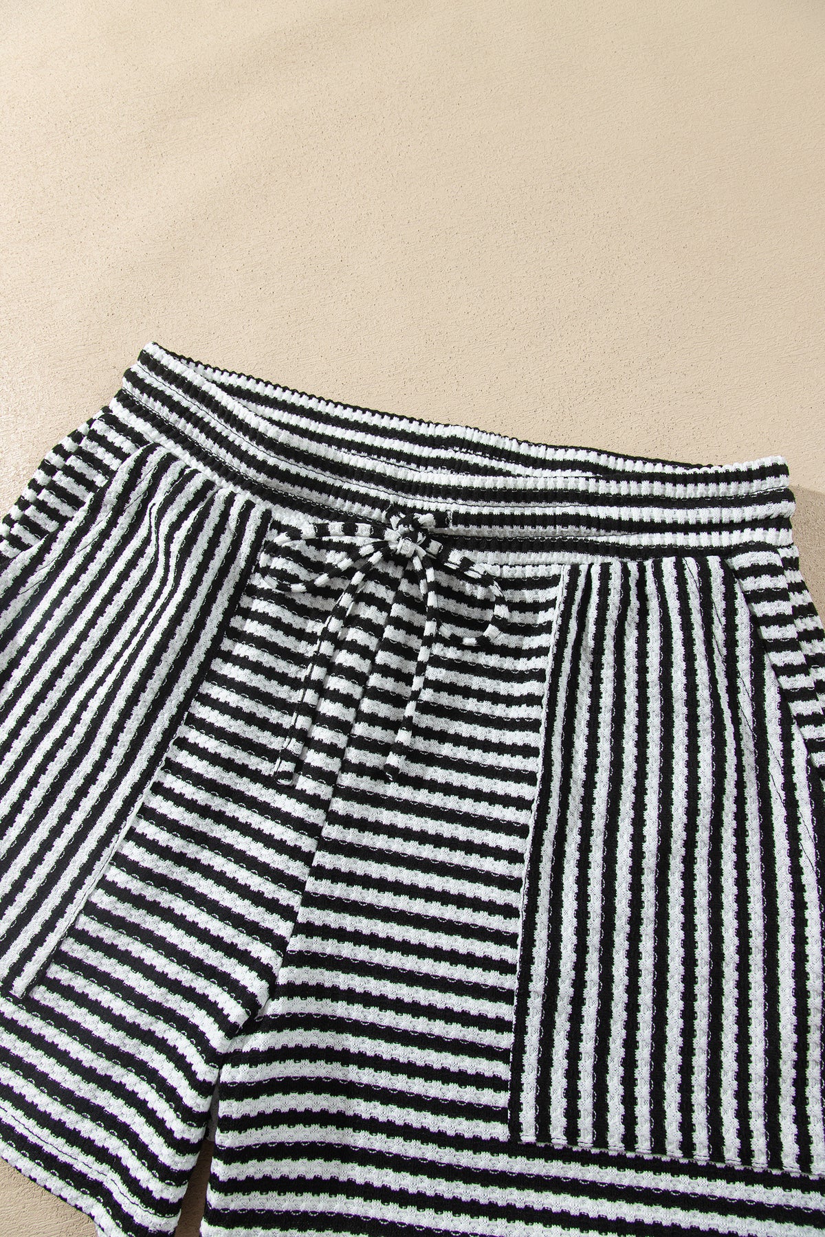 Brown Stripe Textured Knit Long Sleeve Top Elastic Waist Shorts Casual Outfit