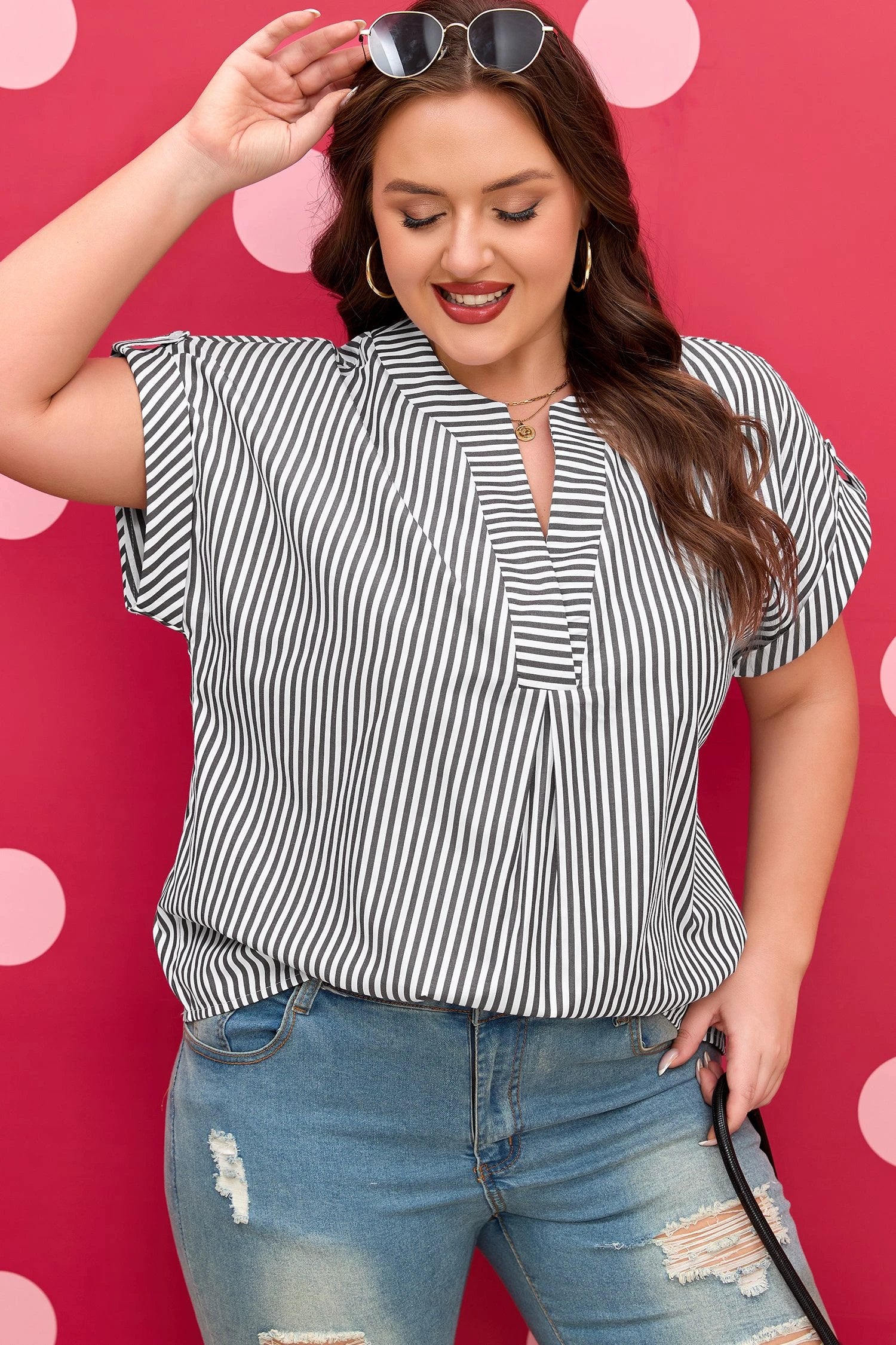 Dear-Lover Dropshipping Black Stripe Plus Size V Neck Roll-tab Short Dolman Sleeve Blouse - Plus Size/Plus Size Tops/Plus Size Blouses & Shirts