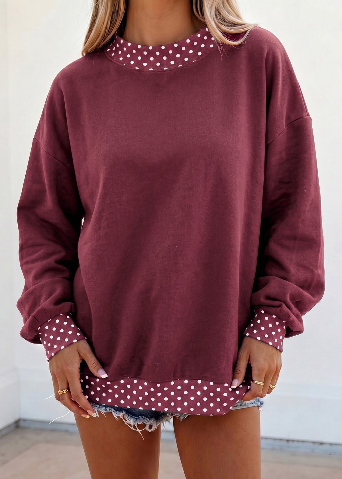 Orange Colorblock Polka Dot Contrast Trim Oversized Sweatshirt
