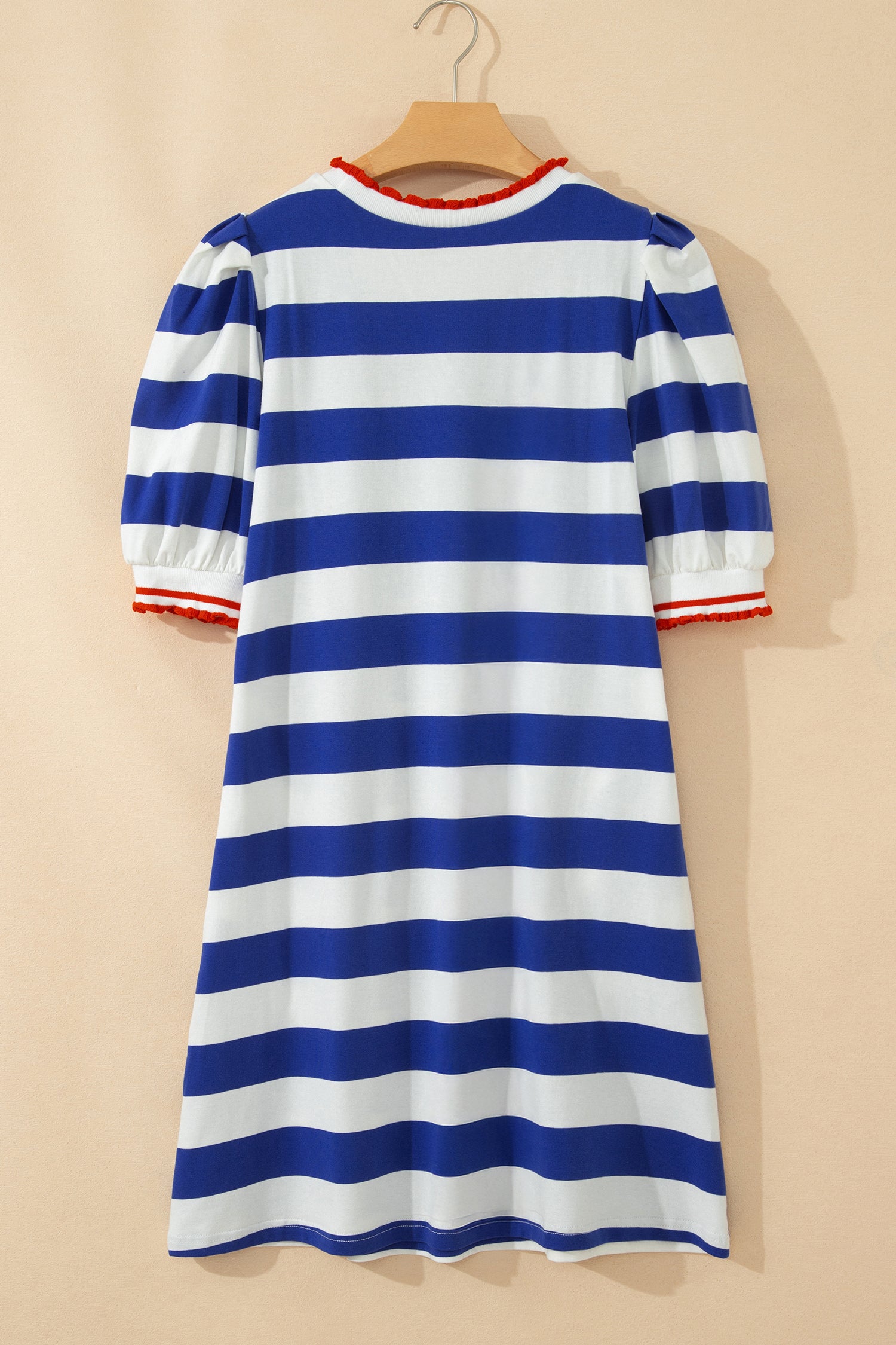 Stripe Contrast Trim Round Neck Short Puff Sleeve Shift Mini Dress — everyday dress for women | J&H Apparel