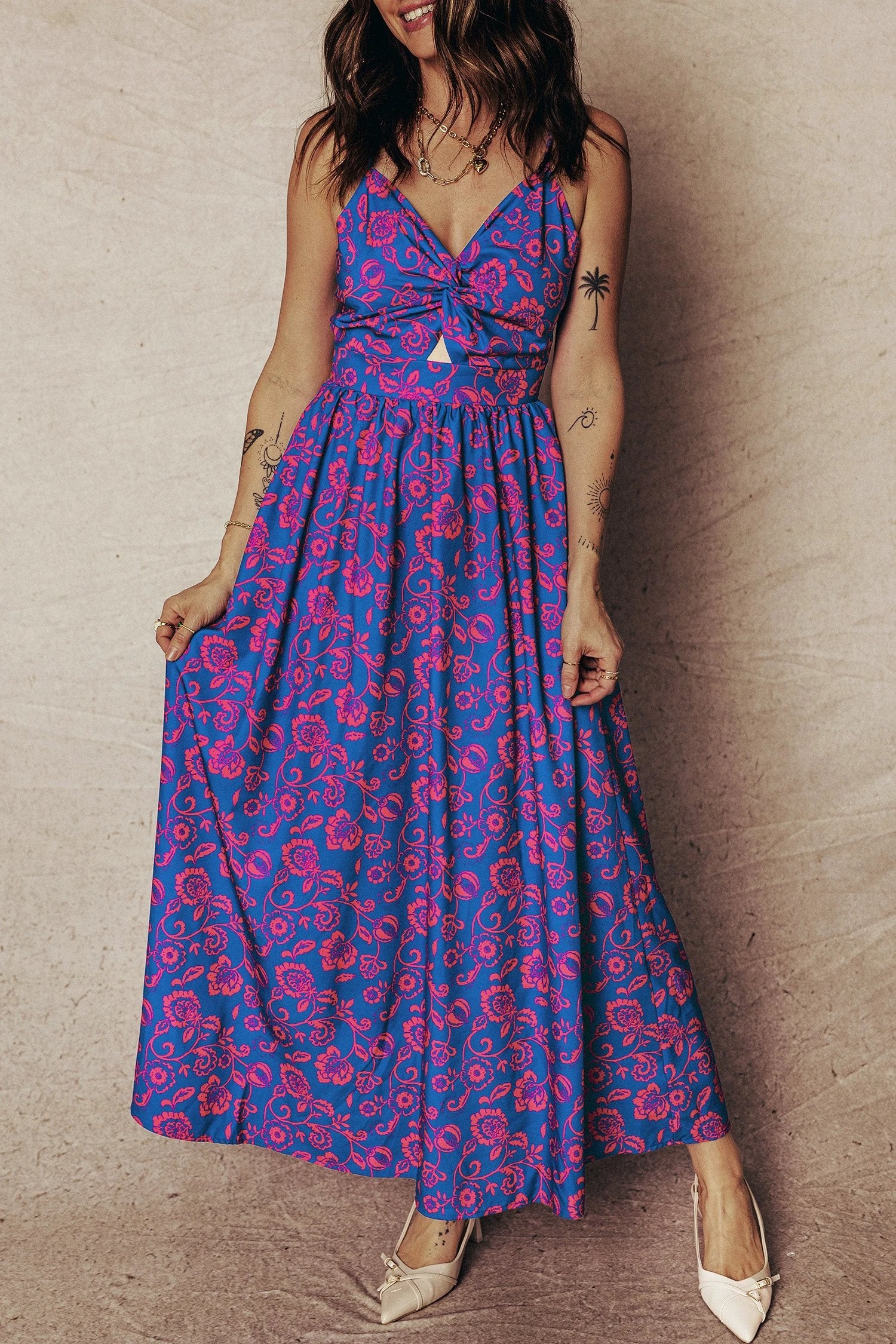 blue floral print twisted v neck tied backless maxi dress for women casual everyday outfit