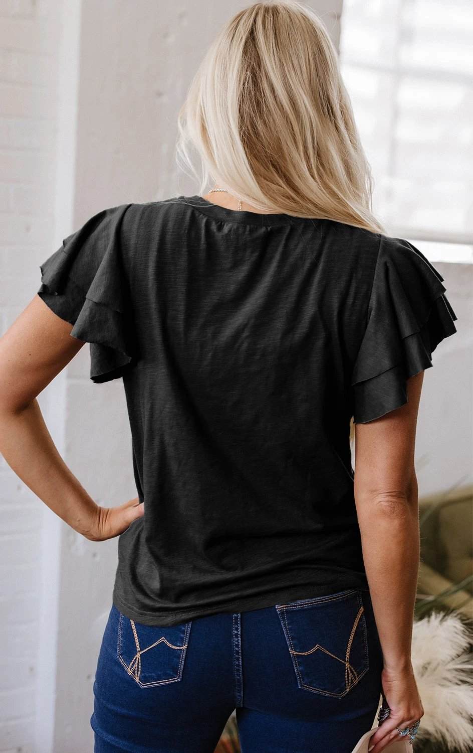 white layered ruffle short sleeve round neck top for women casual everyday outfit