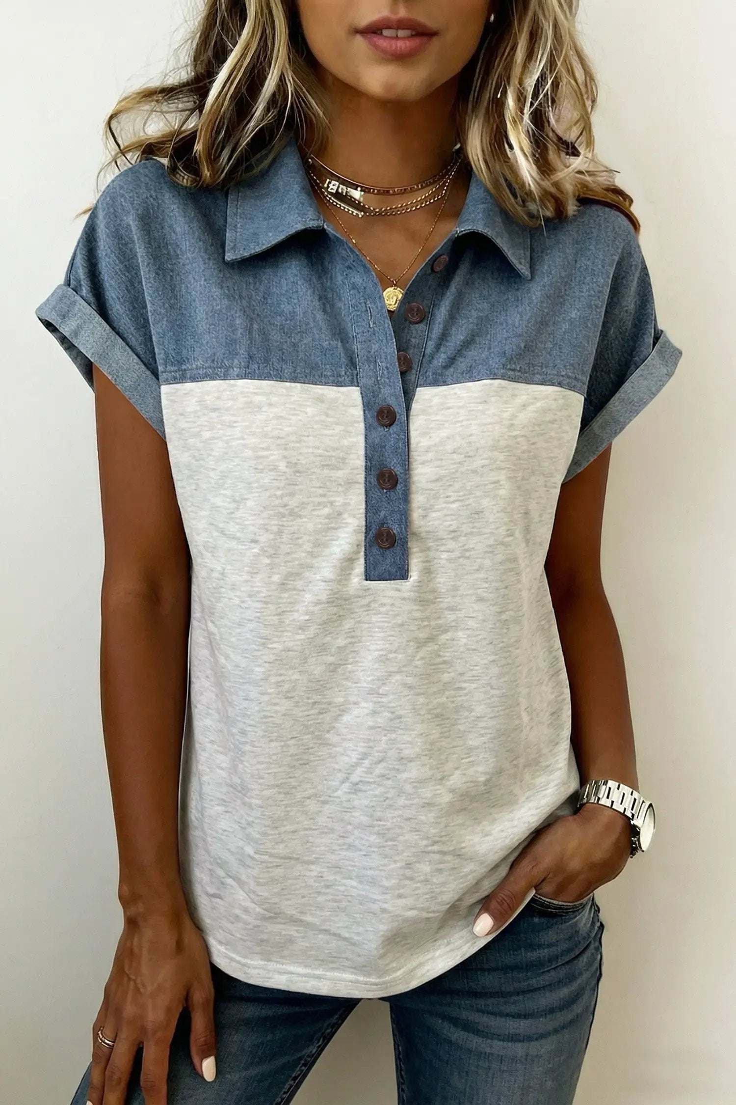 Western Chic color block denim patchwork polo collar short sleeve top