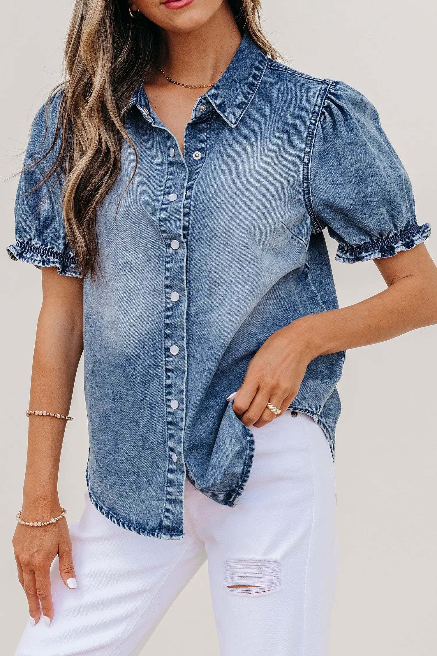Blue denim Western Chic shirt with frilled short sleeves and snap buttons