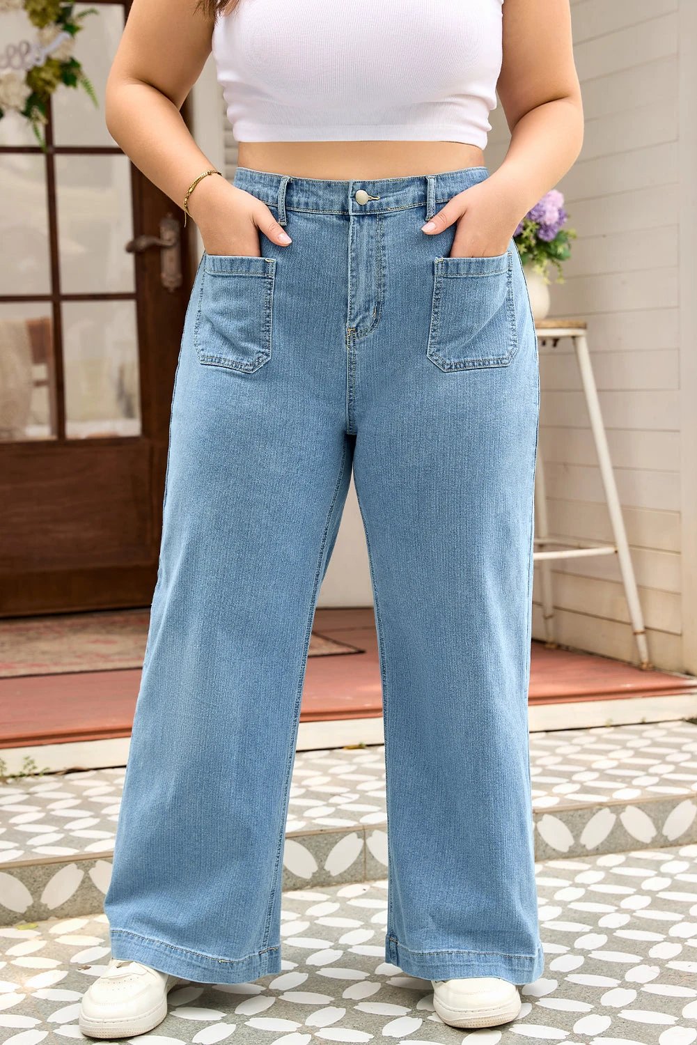 dusk blue patched pocket textured wide leg plus size jeans for women casual everyday outfit