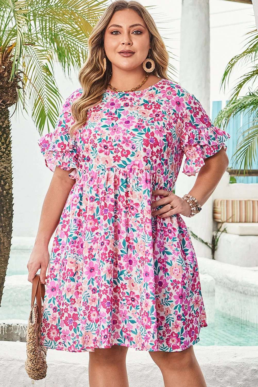 Plus Size Floral Dress with frilled short sleeves and flare silhouette