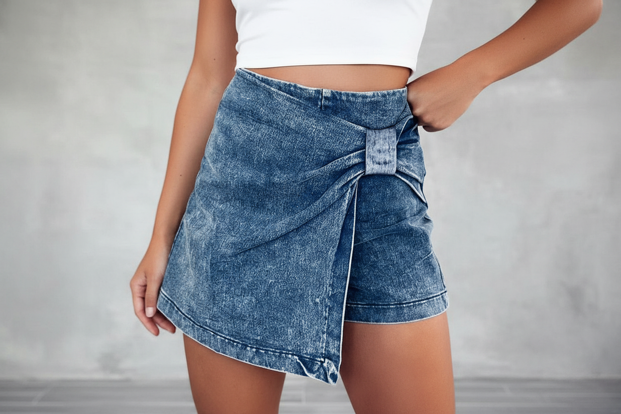 Acid Wash Asymmetric Twisted Wrapped Zipped Denim Skort — women's everyday top | J&H Apparel