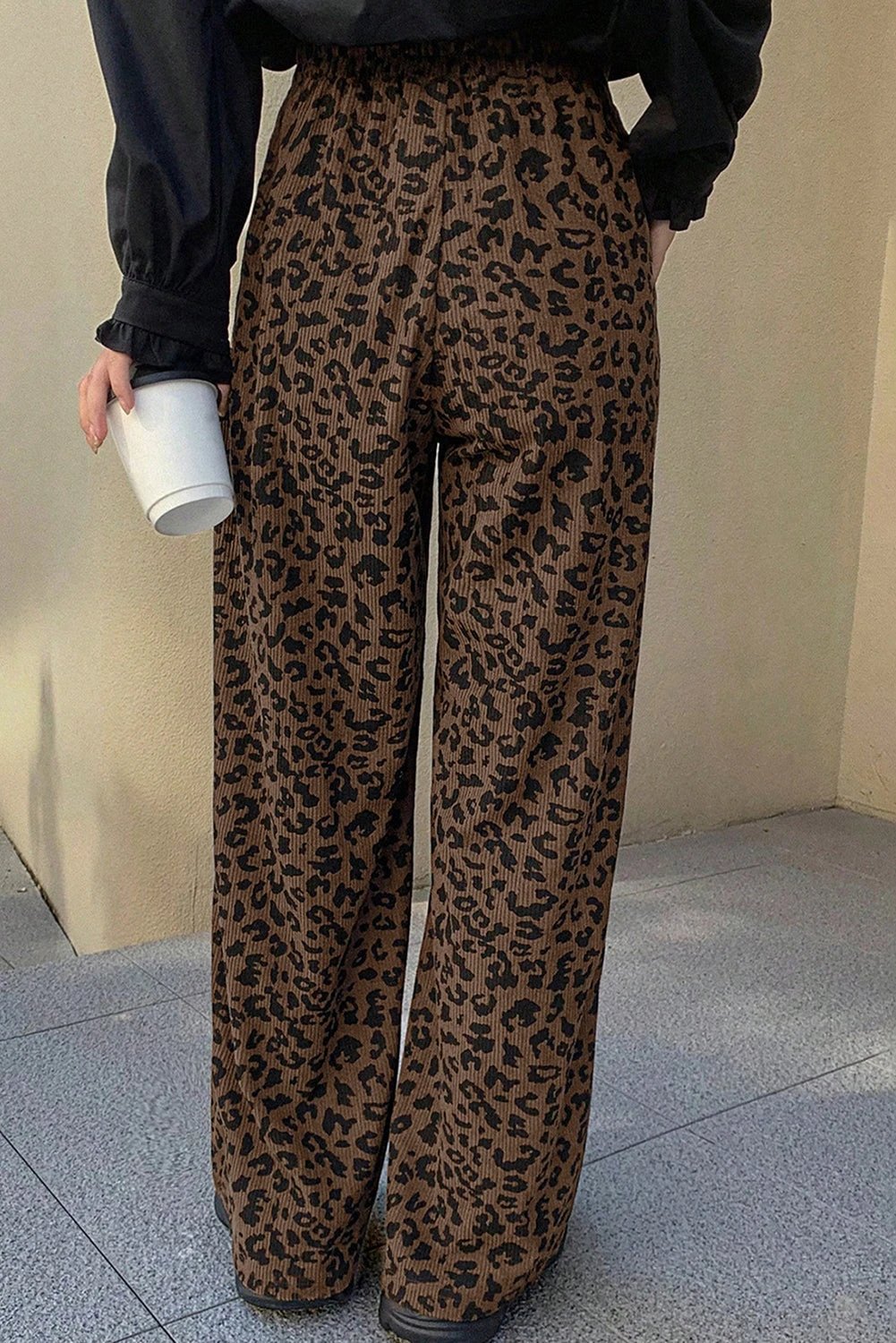dark brown leopard print elastic high waist loose corduroy pants for women casual everyday outfit
