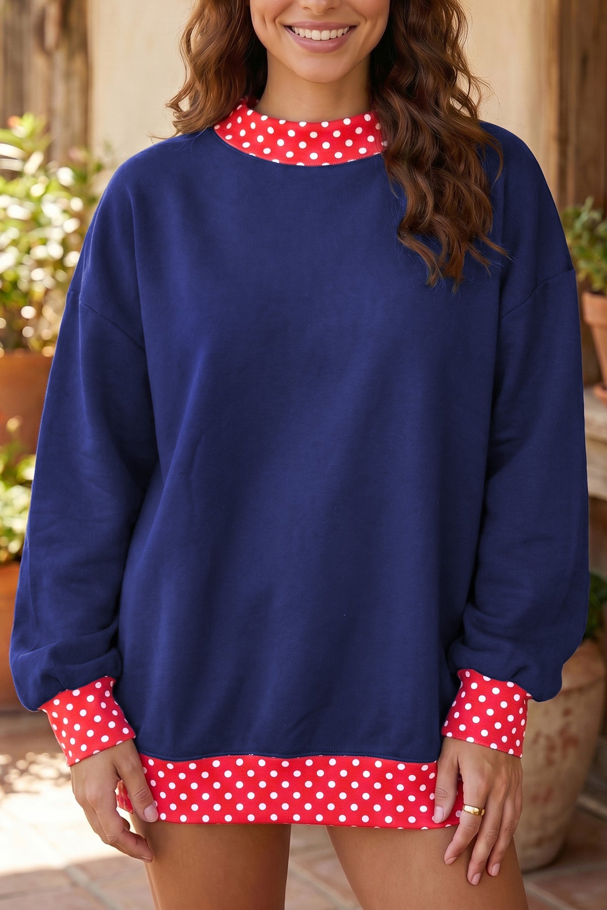 Orange Colorblock Polka Dot Contrast Trim Oversized Sweatshirt