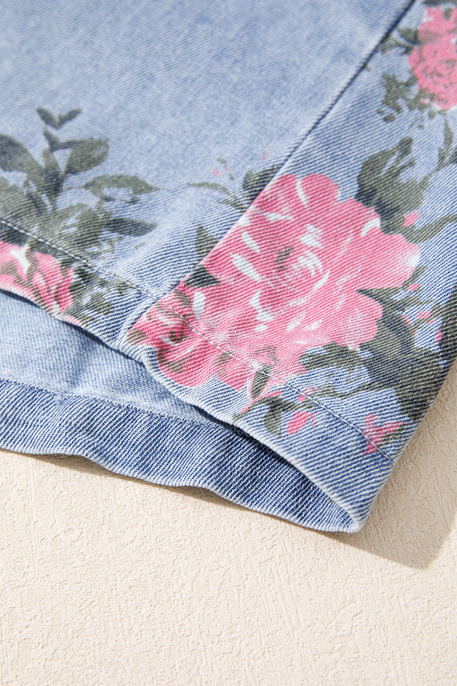 Denim Floral Print Cuffed Short Sleeve Button-Down Shift Dress — everyday dress for women | J&H Apparel