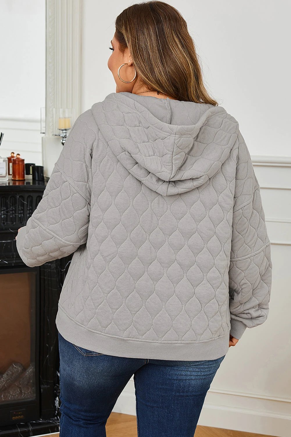 gray quilted quarter zip plus size hoodie for women casual everyday outfit